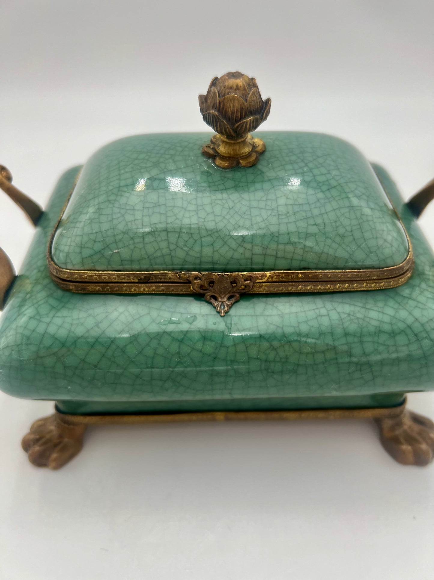 VINTAGE DOMINIC CELEDON TEAL AND BRASS FOOTED BOX