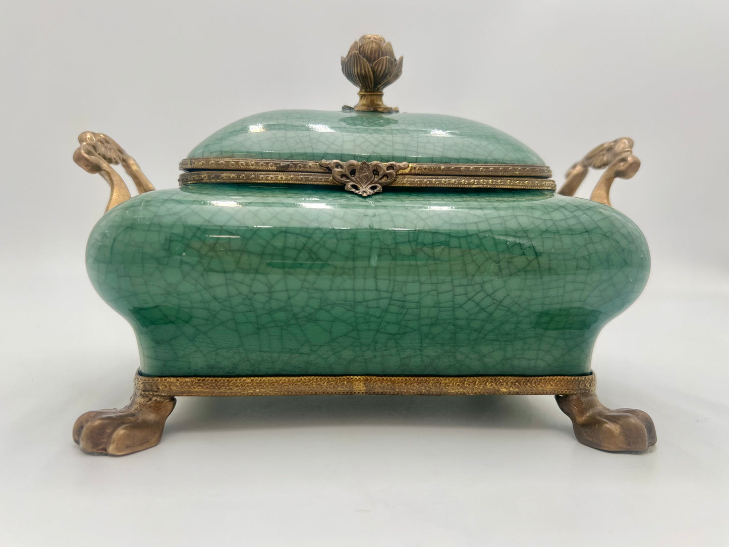 VINTAGE DOMINIC CELEDON TEAL AND BRASS FOOTED BOX