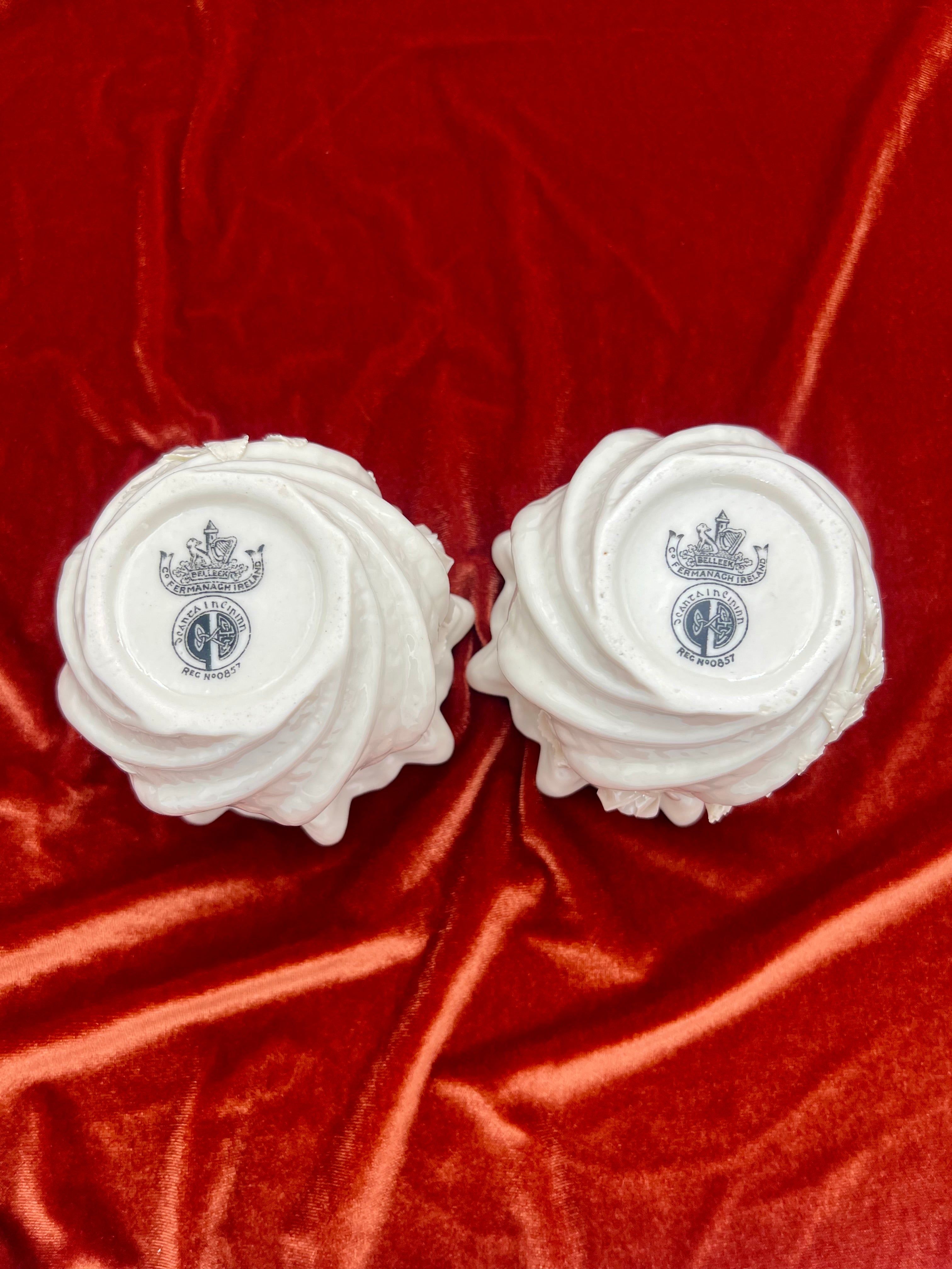 PAIR OF BELLEEK IRELAND PORCELAIN SHELL ROSE PLANTERS – 3RD BLACK MARK 1926–1946 – VINTAGE IRISH PARIAN PORCELAIN – MINT CONDITION