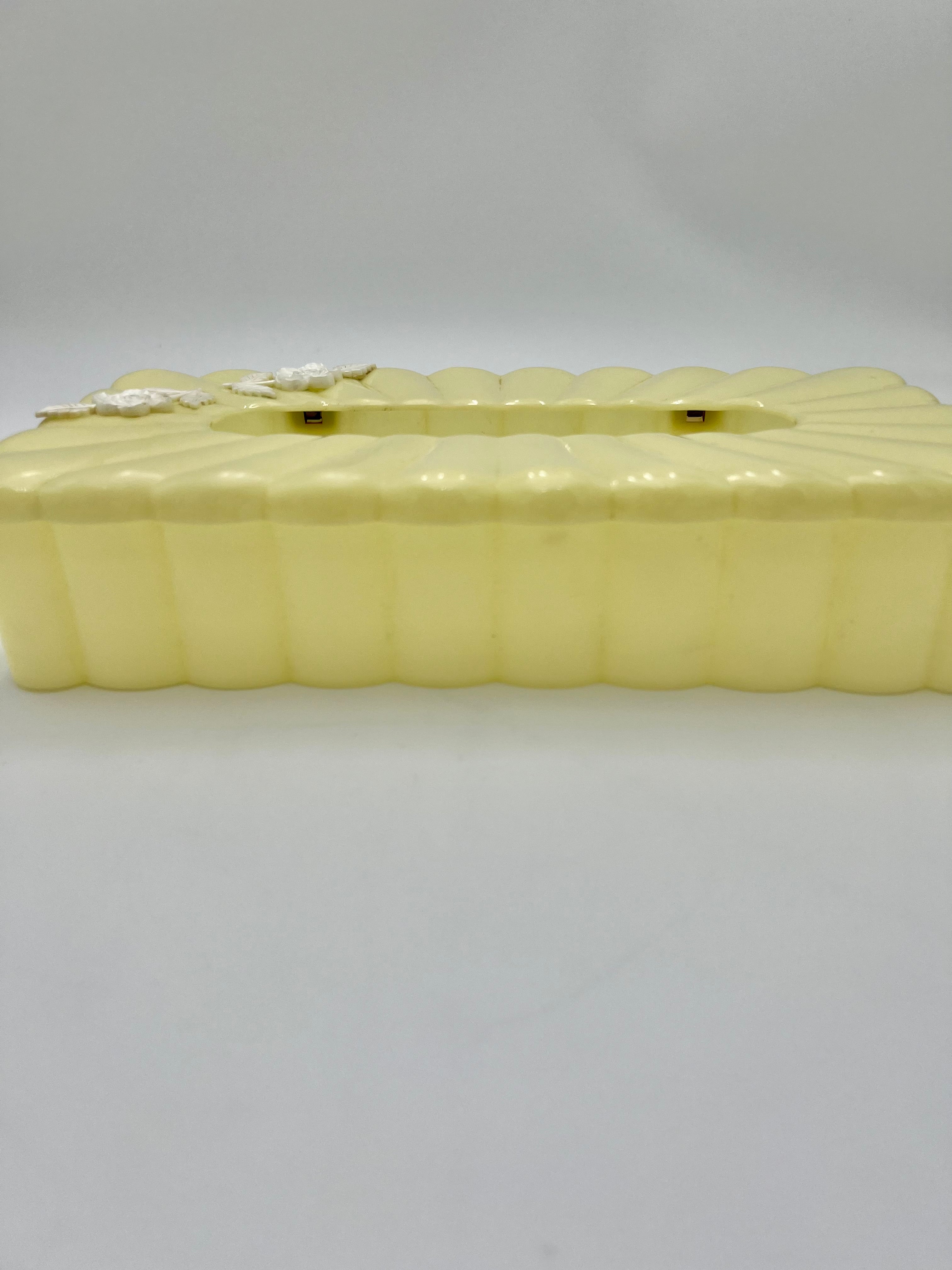 VINTAGE MENDA CO. YELLOW LUCITE TISSUE BOX COVER WITH WHITE FLORAL ACCENTS – 1950s MID CENTURY VANITY DECOR