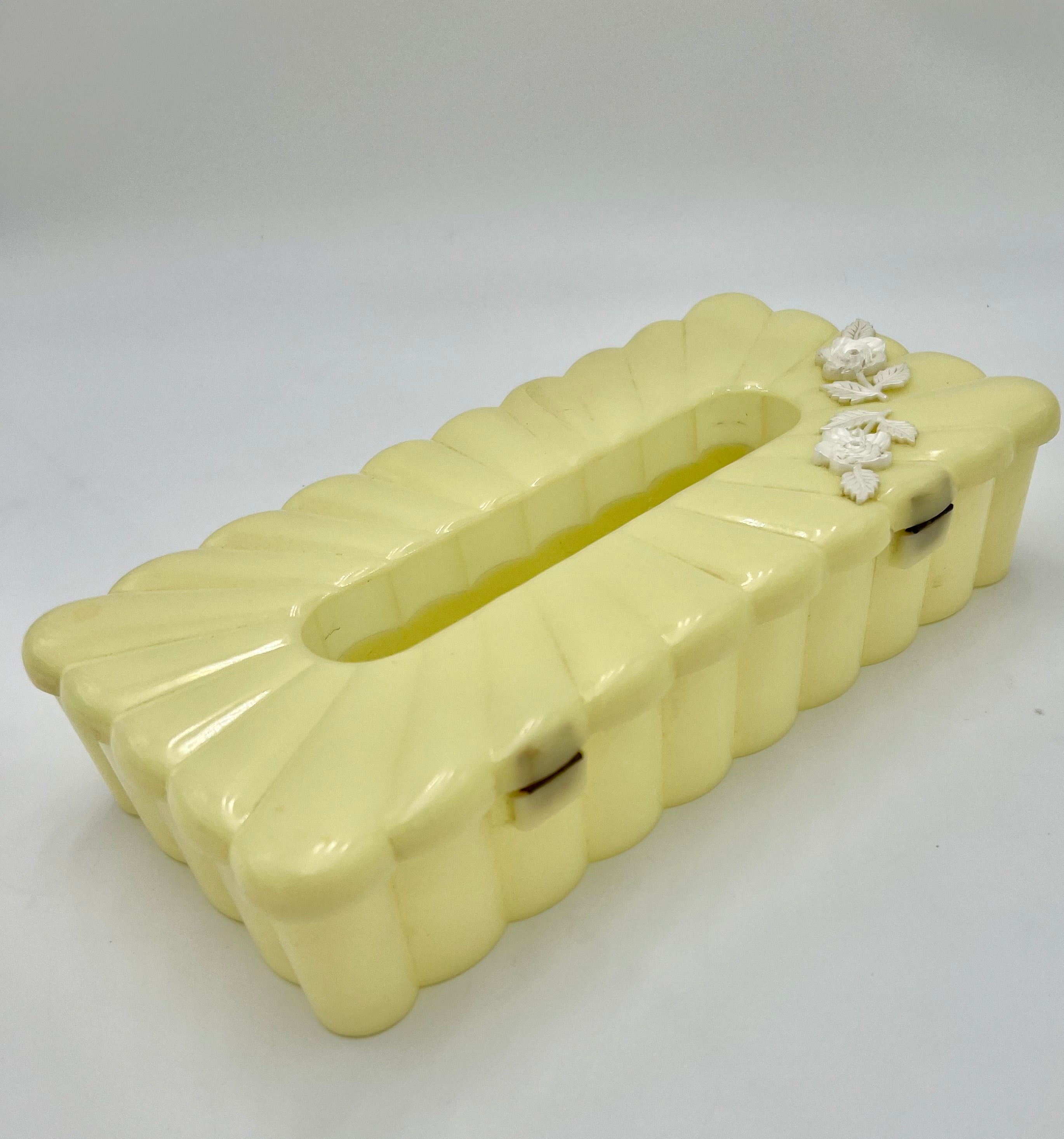 VINTAGE MENDA CO. YELLOW LUCITE TISSUE BOX COVER WITH WHITE FLORAL ACCENTS – 1950s MID CENTURY VANITY DECOR