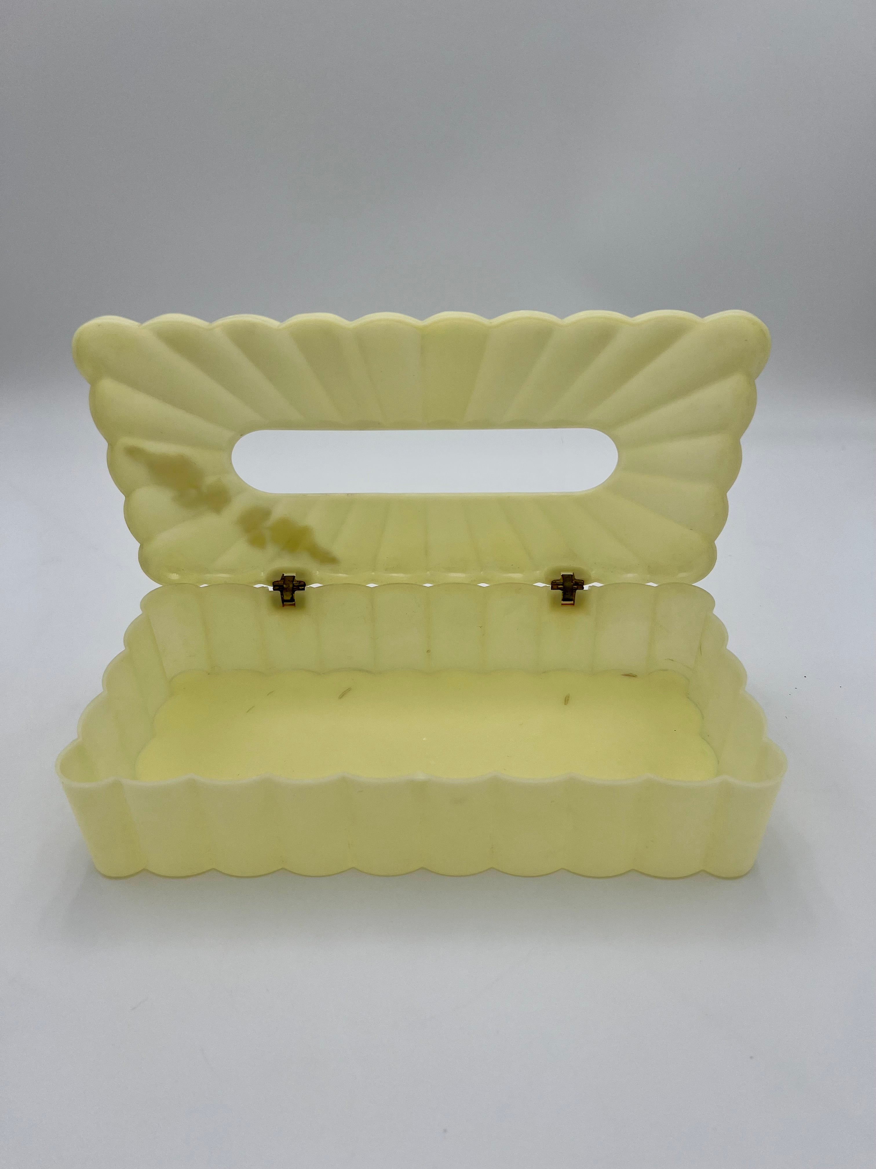 VINTAGE MENDA CO. YELLOW LUCITE TISSUE BOX COVER WITH WHITE FLORAL ACCENTS – 1950s MID CENTURY VANITY DECOR