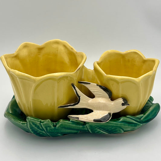 MCCOY POTTERY DOUBLE YELLOW TULIP PLANTER WITH A SWALLOW, CIRCA 1948
