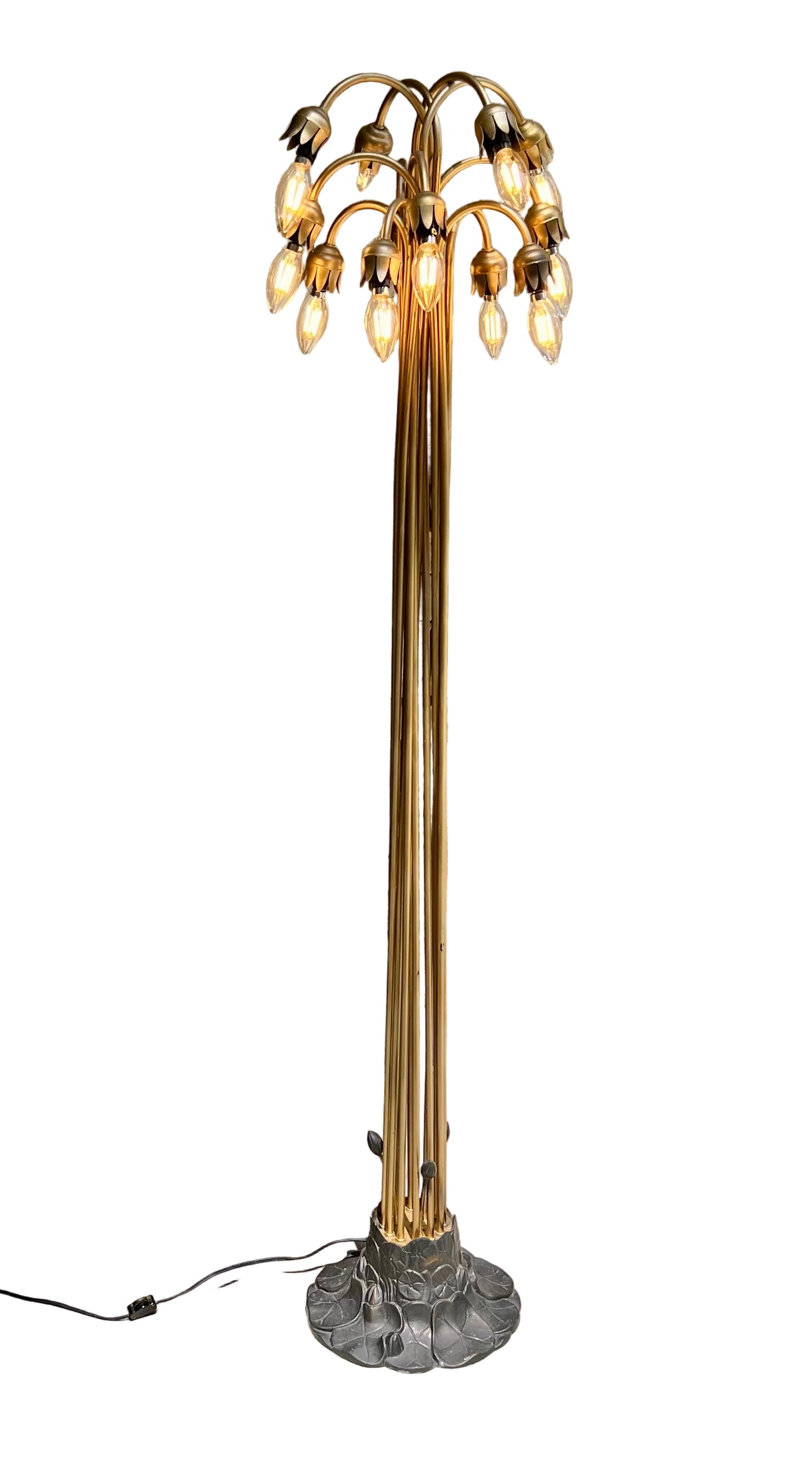 Vintage 1970s Hollywood Regency Brass Tulip Floor Lamp with Lotus Base – Mid Century Modern Waterfall 12-Light Statement Lighting