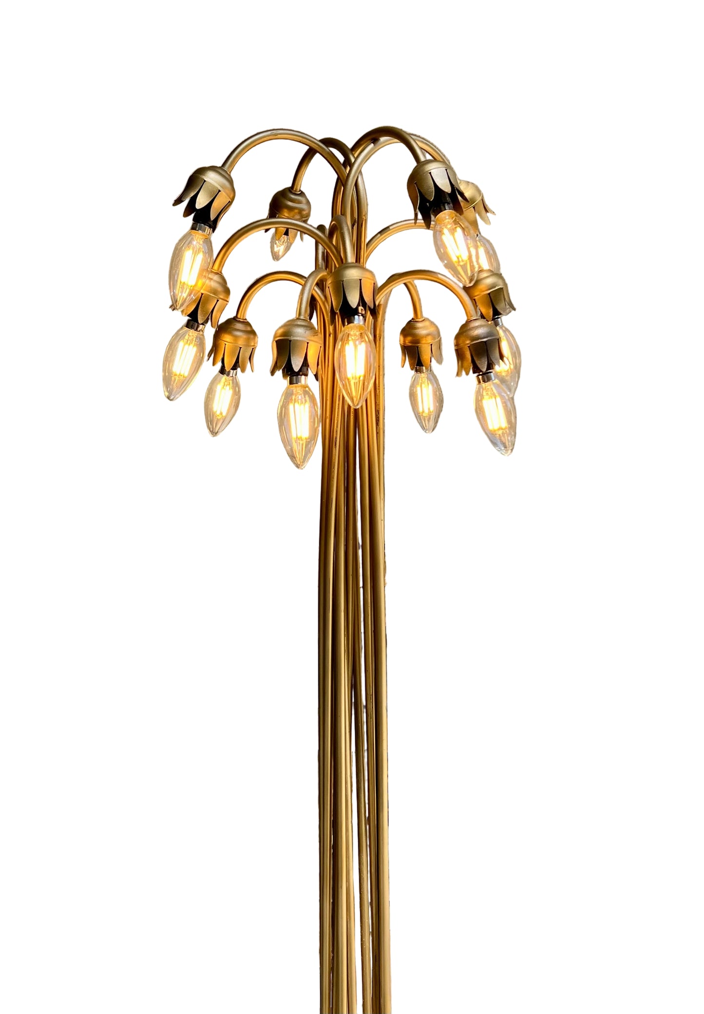 Vintage 1970s Hollywood Regency Brass Tulip Floor Lamp with Lotus Base – Mid Century Modern Waterfall 12-Light Statement Lighting