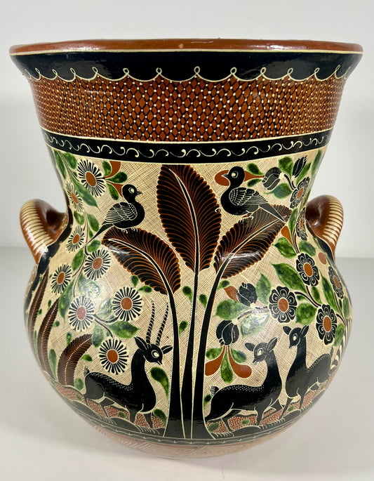 "Petatillo" Birds, Gazelles, & Floral Design Urn Signed by Renowned Master Potter, Geronimo Ramos