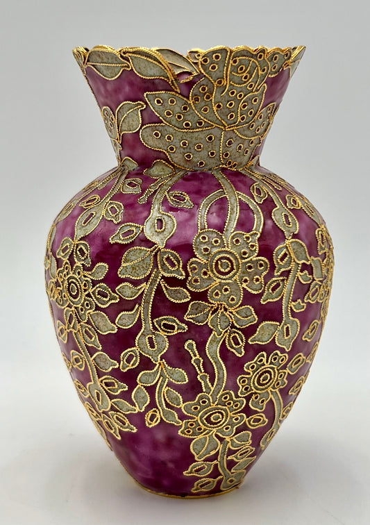 SMALL VINTAGE CLOISONNE ENAMEL PINK, MINT GREEN, AND GOLD FLORAL DESIGN VASE