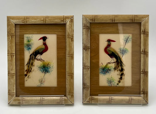 PAIR OF MIDCENTURY FAUX BAMBOO FRAMED COLORFUL BIRD FEATHER ART, 1940s