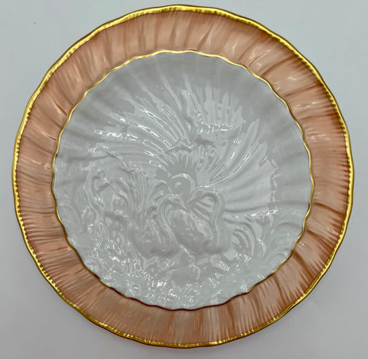 MOTTAHEDEH SALMON, WHITE, AND GOLD SWAN DECORATIVE PLATE, CIRCA 1980S