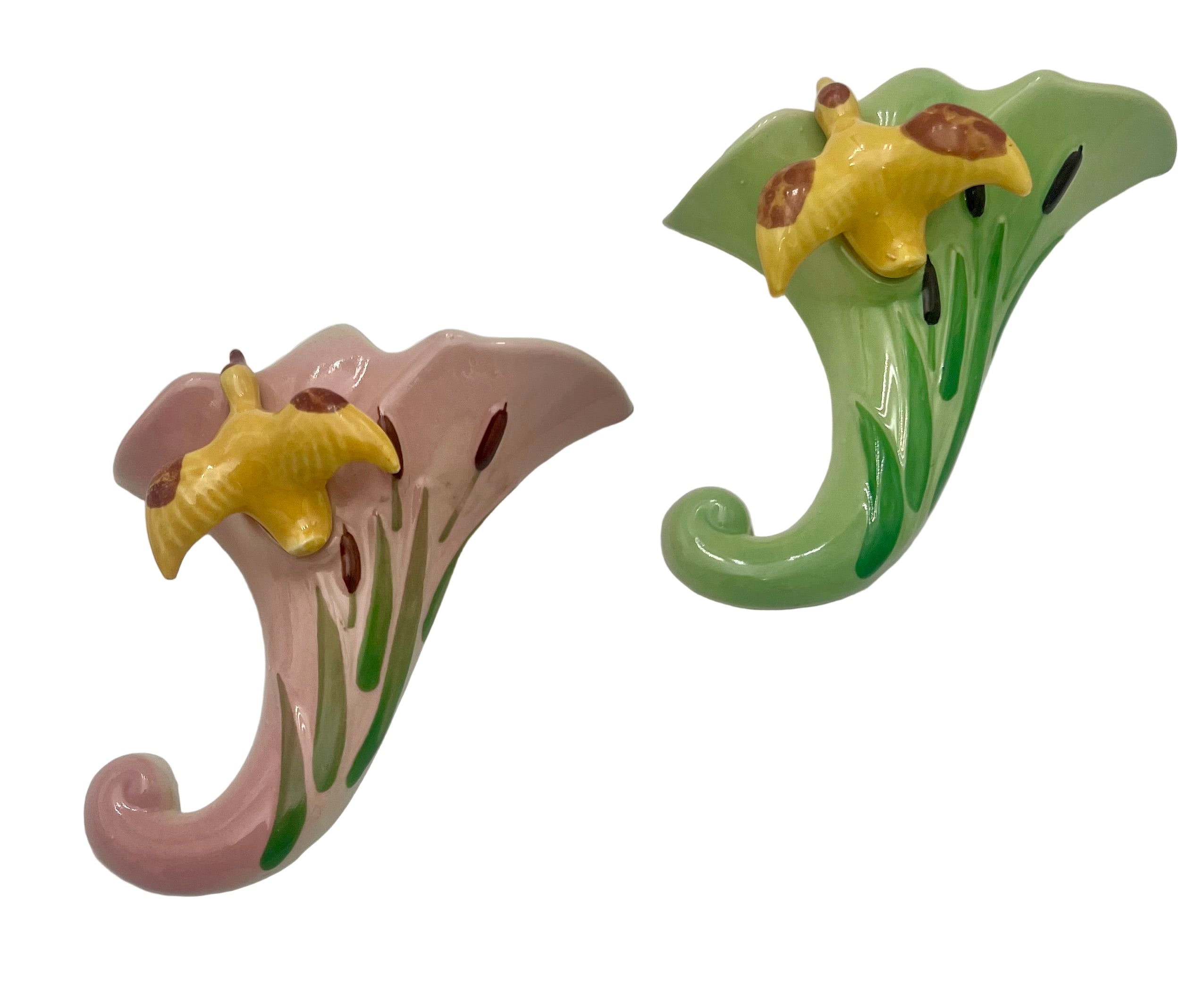 PAIR of Vintage Onondaga Pottery Wall Pockets – Pink & Green Calla Lily with Birds – Mid Century Ceramic Wall Decor