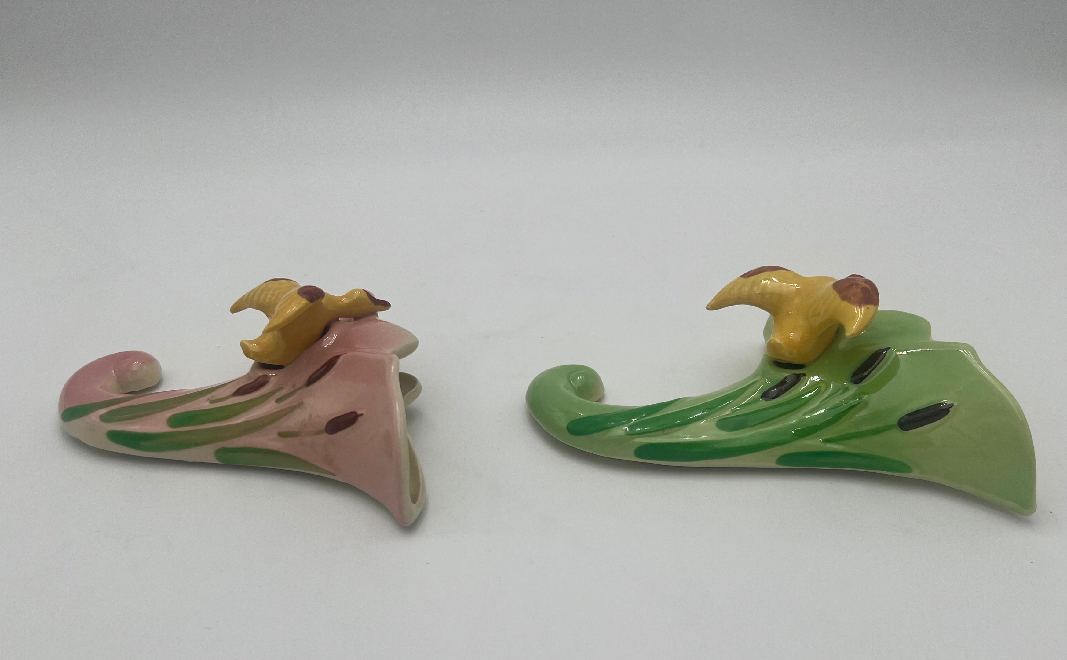 PAIR of Vintage Onondaga Pottery Wall Pockets – Pink & Green Calla Lily with Birds – Mid Century Ceramic Wall Decor