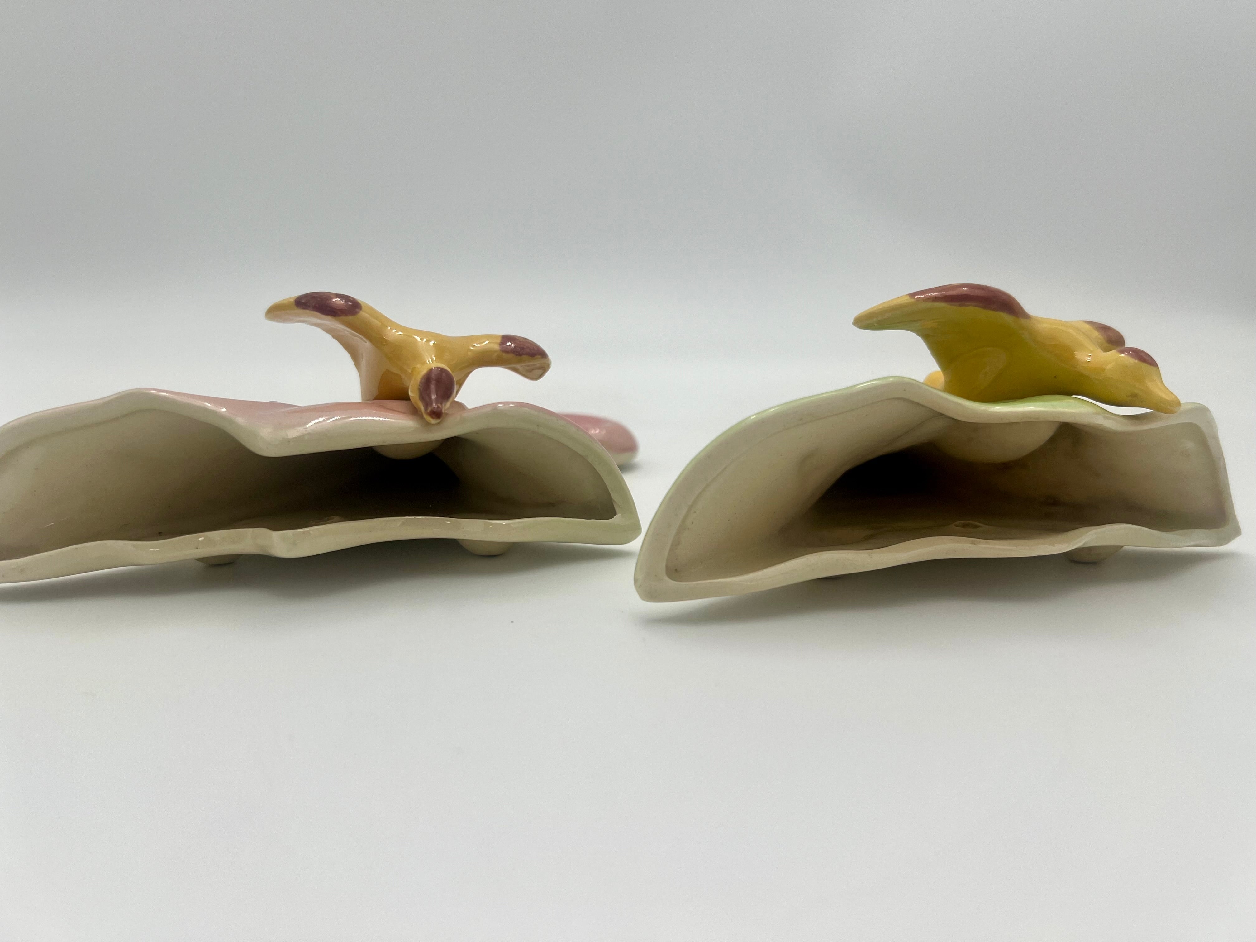 PAIR of Vintage Onondaga Pottery Wall Pockets – Pink & Green Calla Lily with Birds – Mid Century Ceramic Wall Decor
