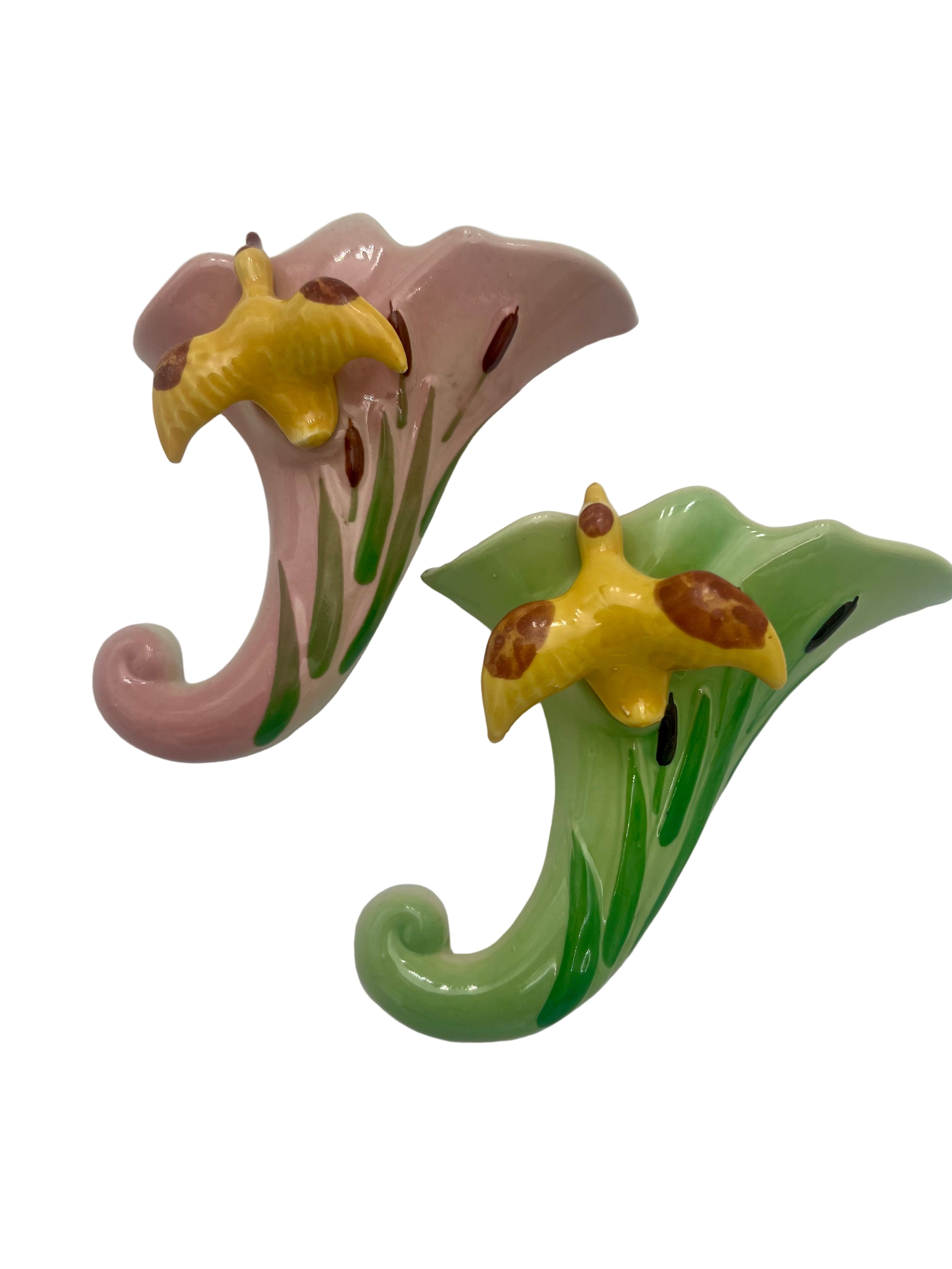 PAIR of Vintage Onondaga Pottery Wall Pockets – Pink & Green Calla Lily with Birds – Mid Century Ceramic Wall Decor