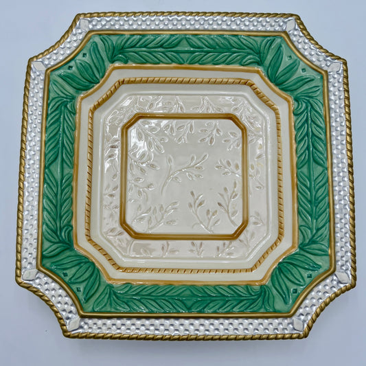 FITZ AND FLOYD ORNATE GREEN. WHITE, AND GOLD DECORATIVE BOWL