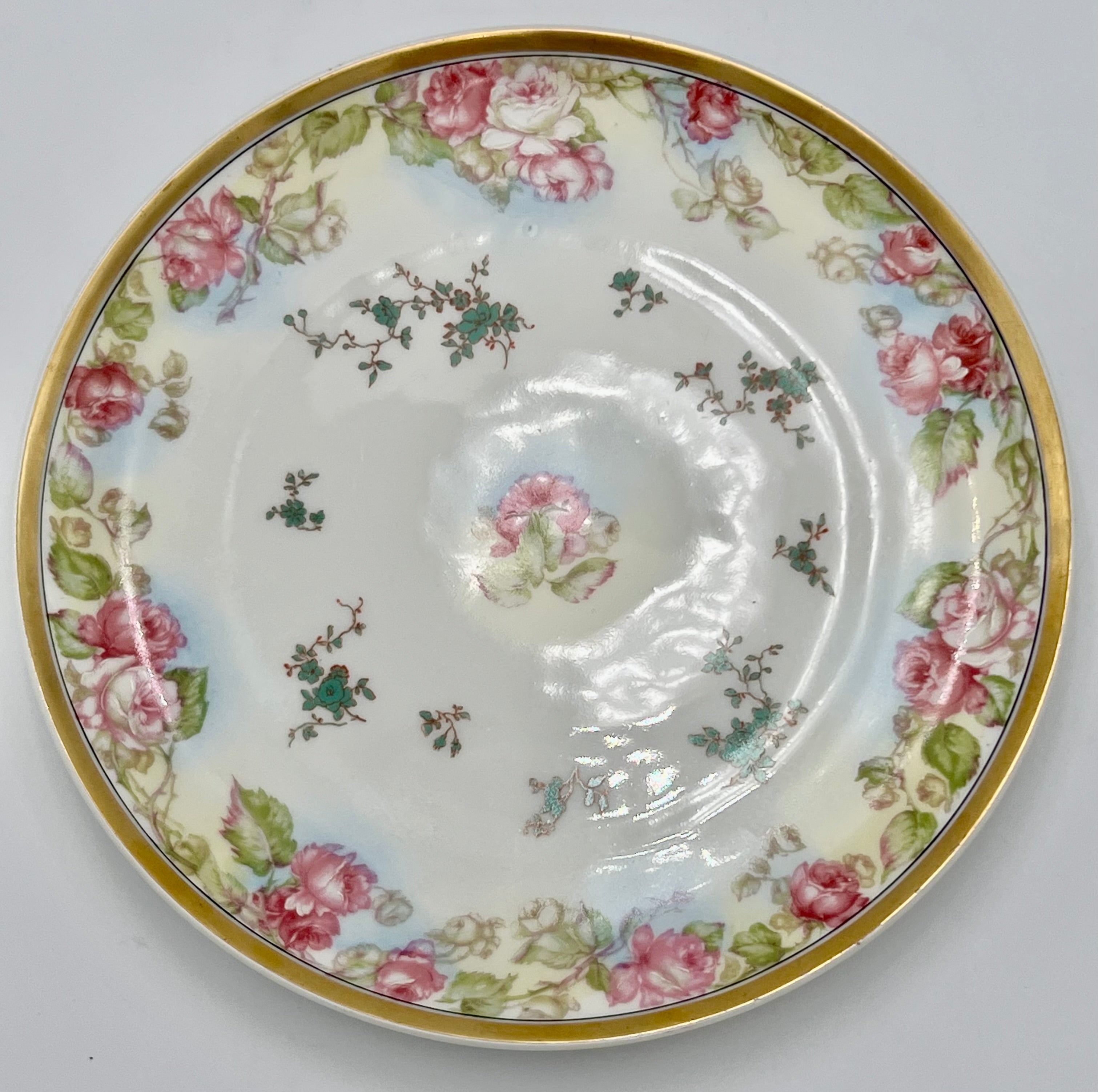 HAVILAND LIMOGES FRANCE PORCELAIN PLATE WITH ROSES AND GOLD RIM – 9 INCH ANTIQUE FRENCH DECORATIVE PLATE