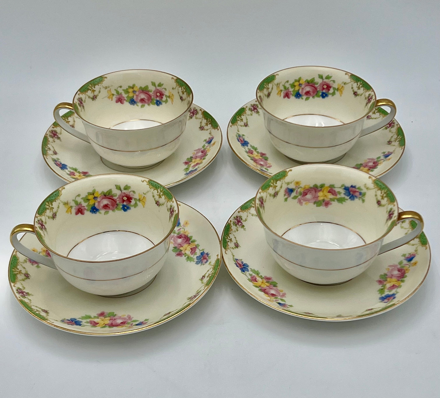 SET OF 4 ANTIQUE MZ CZECHOSLOVAKIA TEACUPS AND SAUCERS, CIRCA 1909-1922