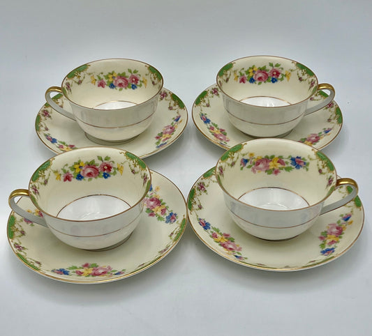SET OF 4 ANTIQUE MZ CZECHOSLOVAKIA TEACUPS AND SAUCERS, CIRCA 1909-1922