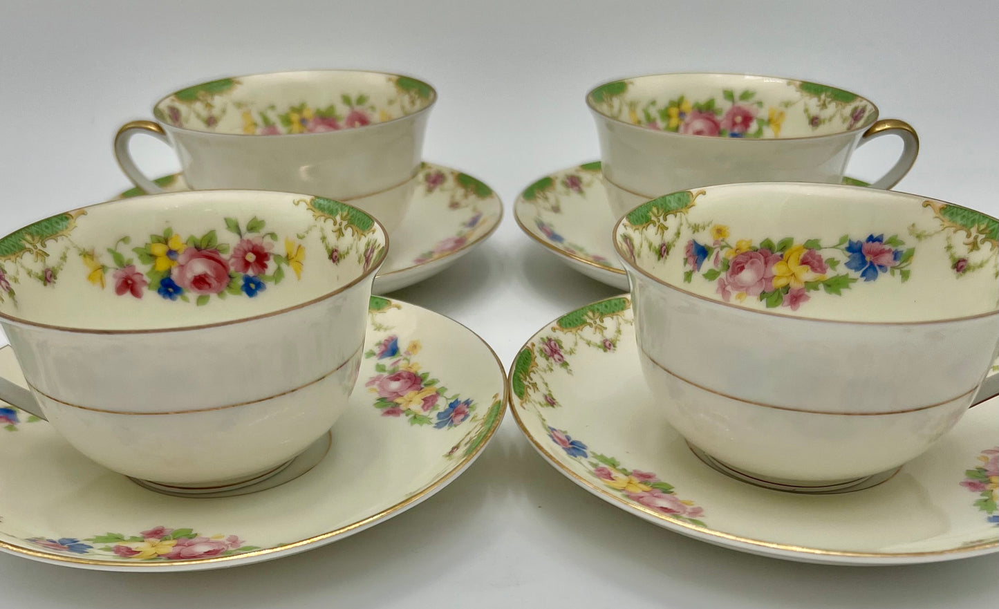 SET OF 4 ANTIQUE MZ CZECHOSLOVAKIA TEACUPS AND SAUCERS, CIRCA 1909-1922