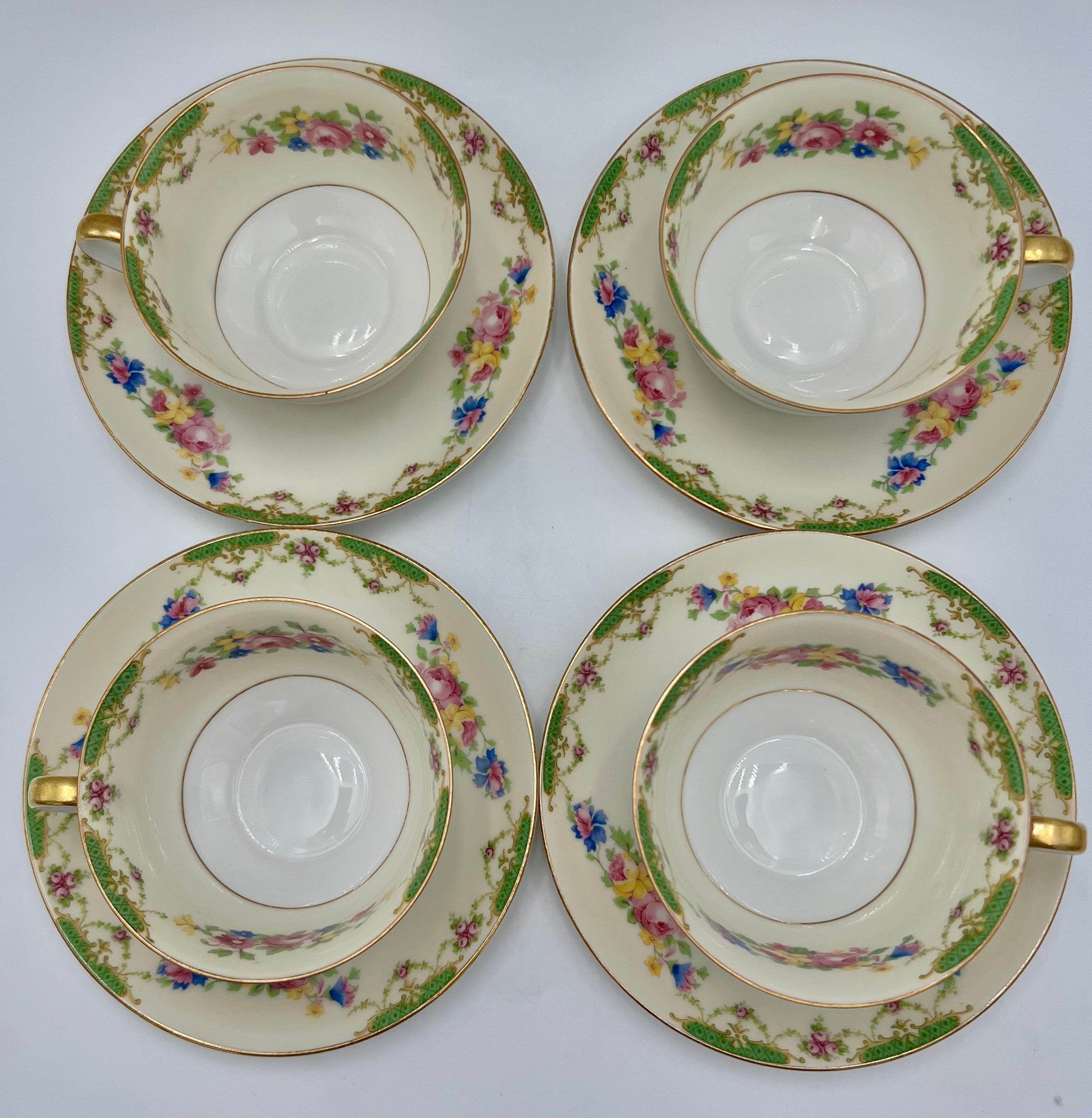 VINTAGE CZECHOSLOVAKIA FLORAL TEACUPS AND SAUCERS SET OF 4 WITH GOLD TRIM