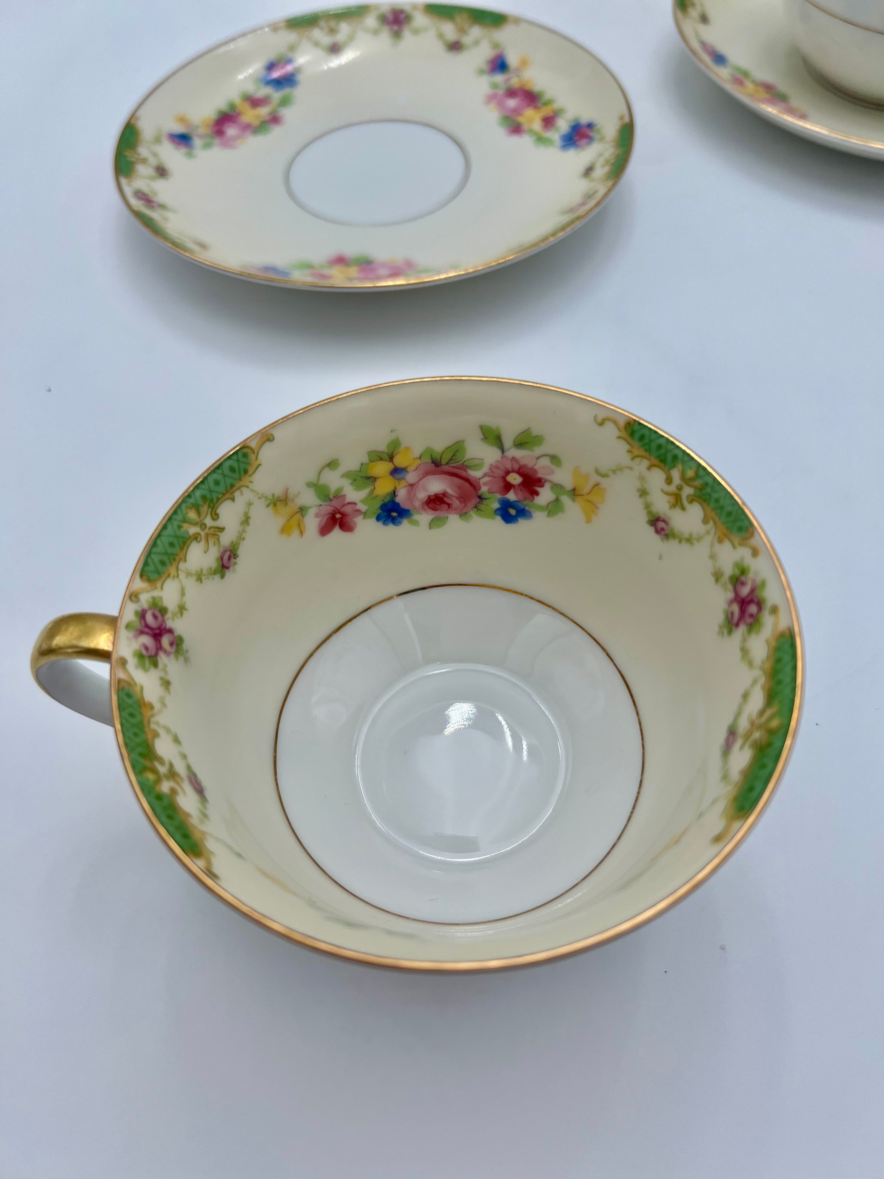 VINTAGE CZECHOSLOVAKIA FLORAL TEACUPS AND SAUCERS SET OF 4 WITH GOLD TRIM