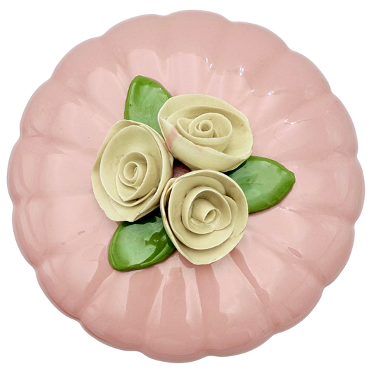 VINTAGE JAPANESE PINK PORCELAIN ROSE TRINKET BOX FLORAL POWDER JAR