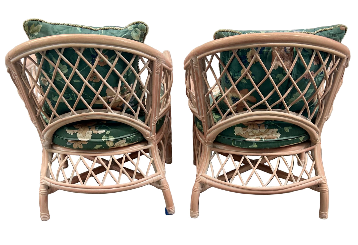 Pair of 1980s Henry Link Rattan Chairs – Vintage Coastal Cottage Seating with Floral Cushions