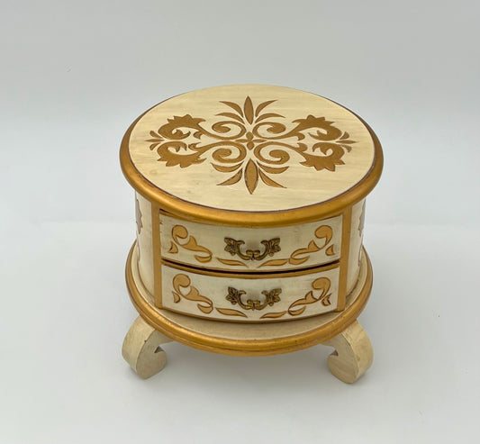 VINTAGE ITALIAN FLORENTINE ROUND GOLD AND IVORY JEWELRY BOX