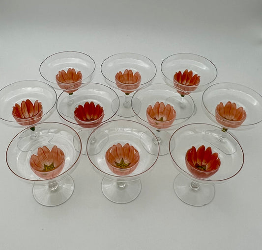 SET OF 10 VINTAGE HAND PAINTED PINK FLOWER MARGARITA GLASSES