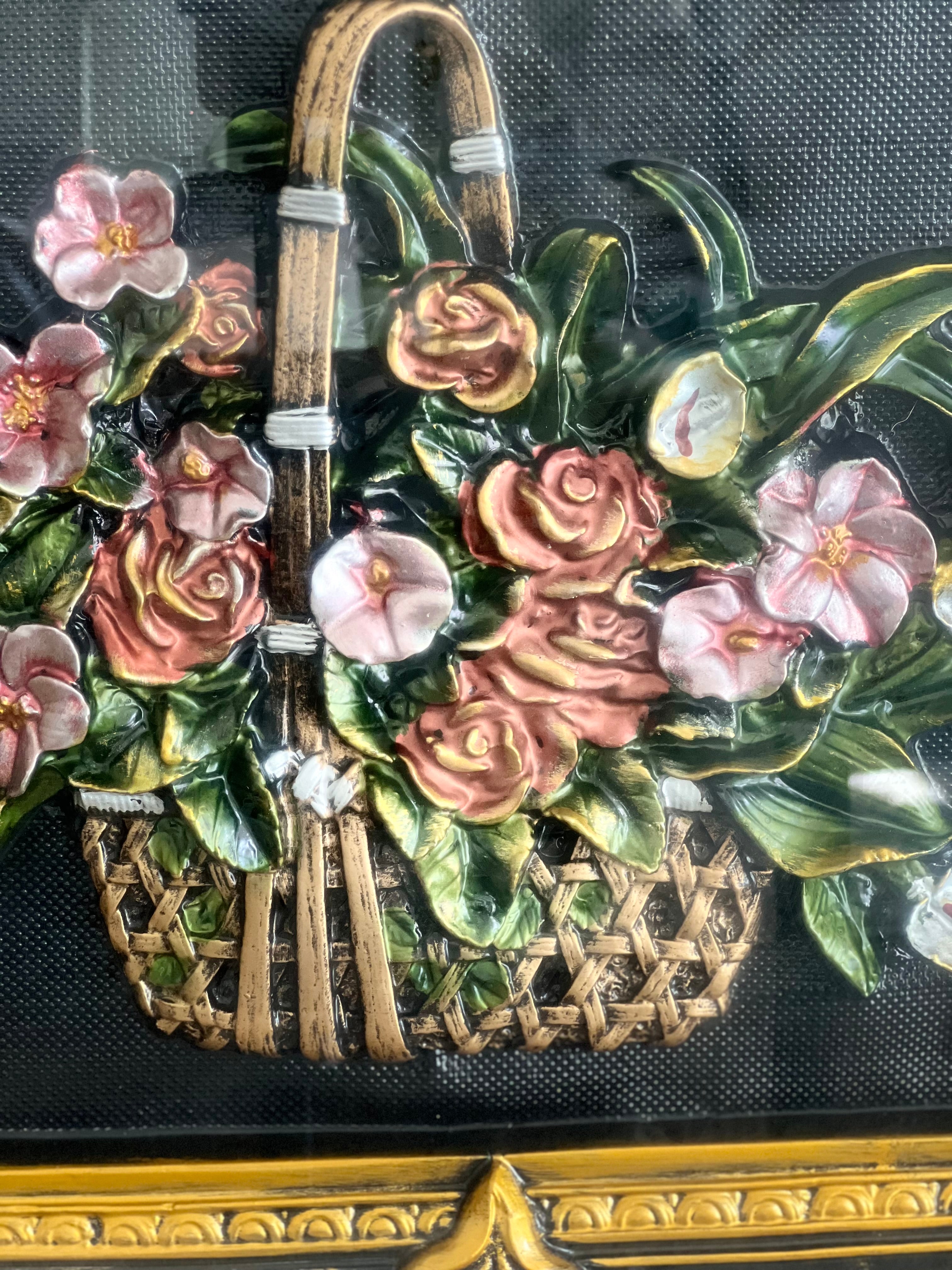 VINTAGE 1970s FLORAL BASKET 3D RELIEF WALL ART IN GOLD FRAME