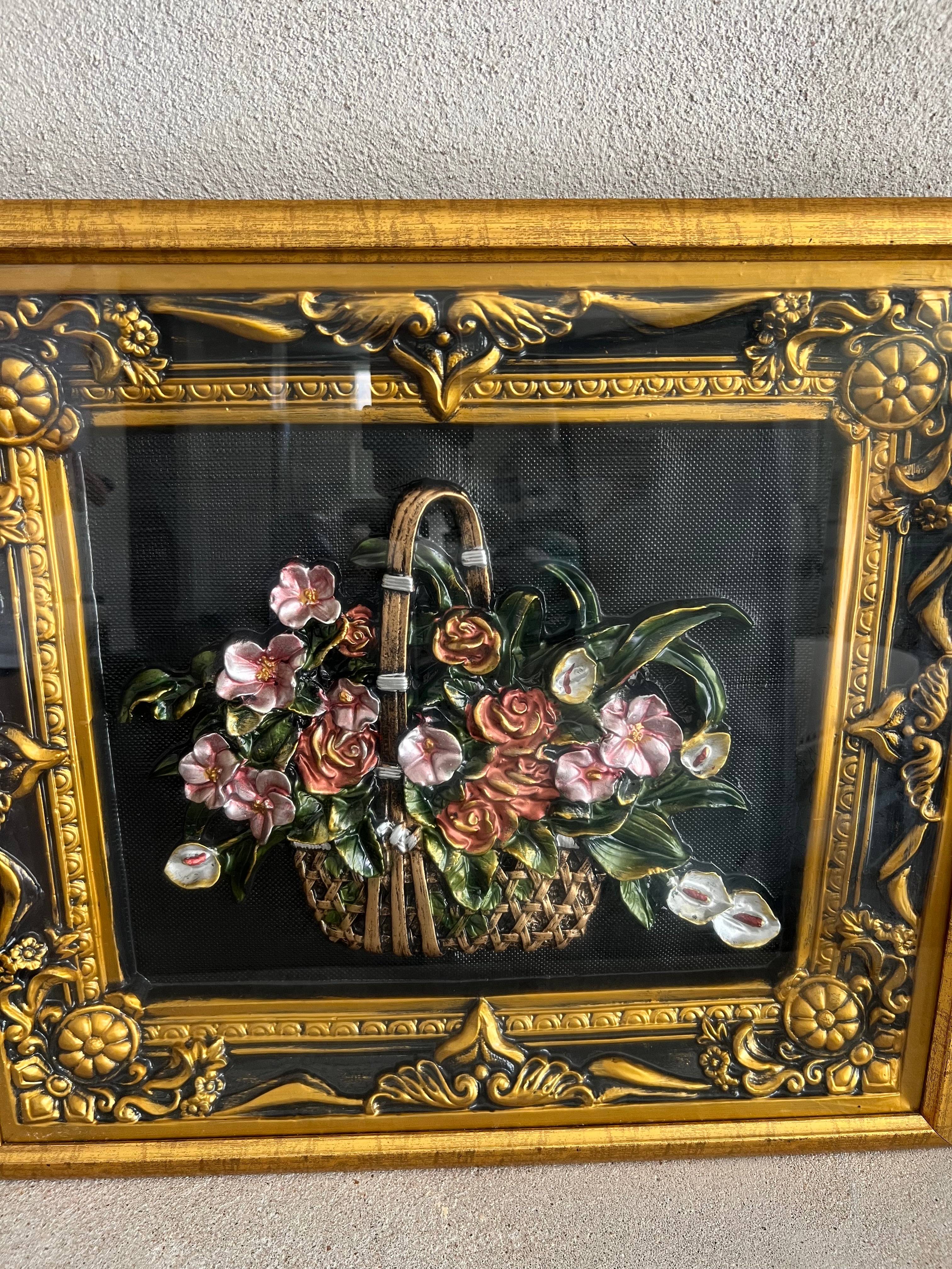 VINTAGE 1970s FLORAL BASKET 3D RELIEF WALL ART IN GOLD FRAME