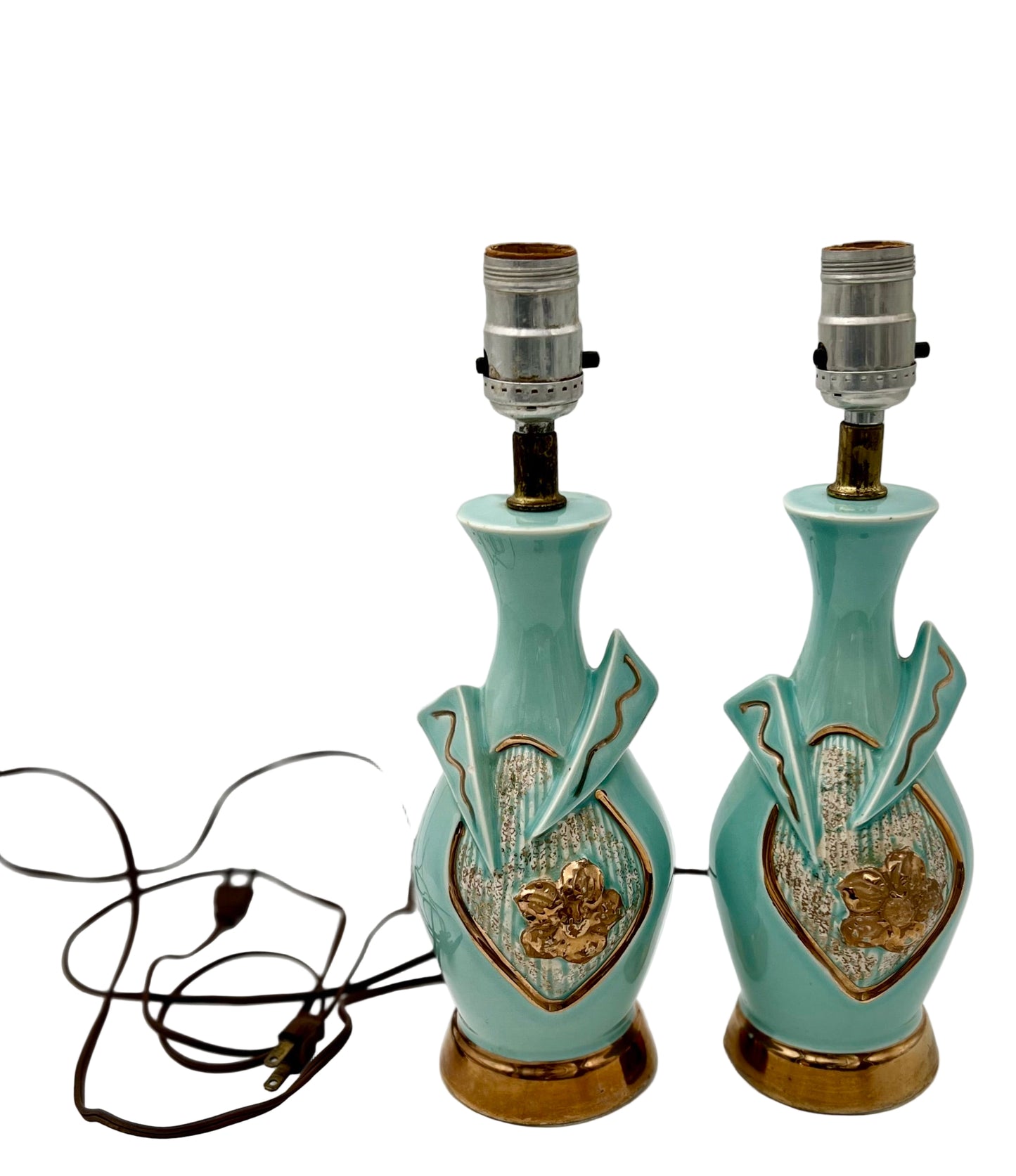 PAIR OF BABY BLUE AND GOLD 1950s ATOMIC BOUDOIR TABLE LAMPS
