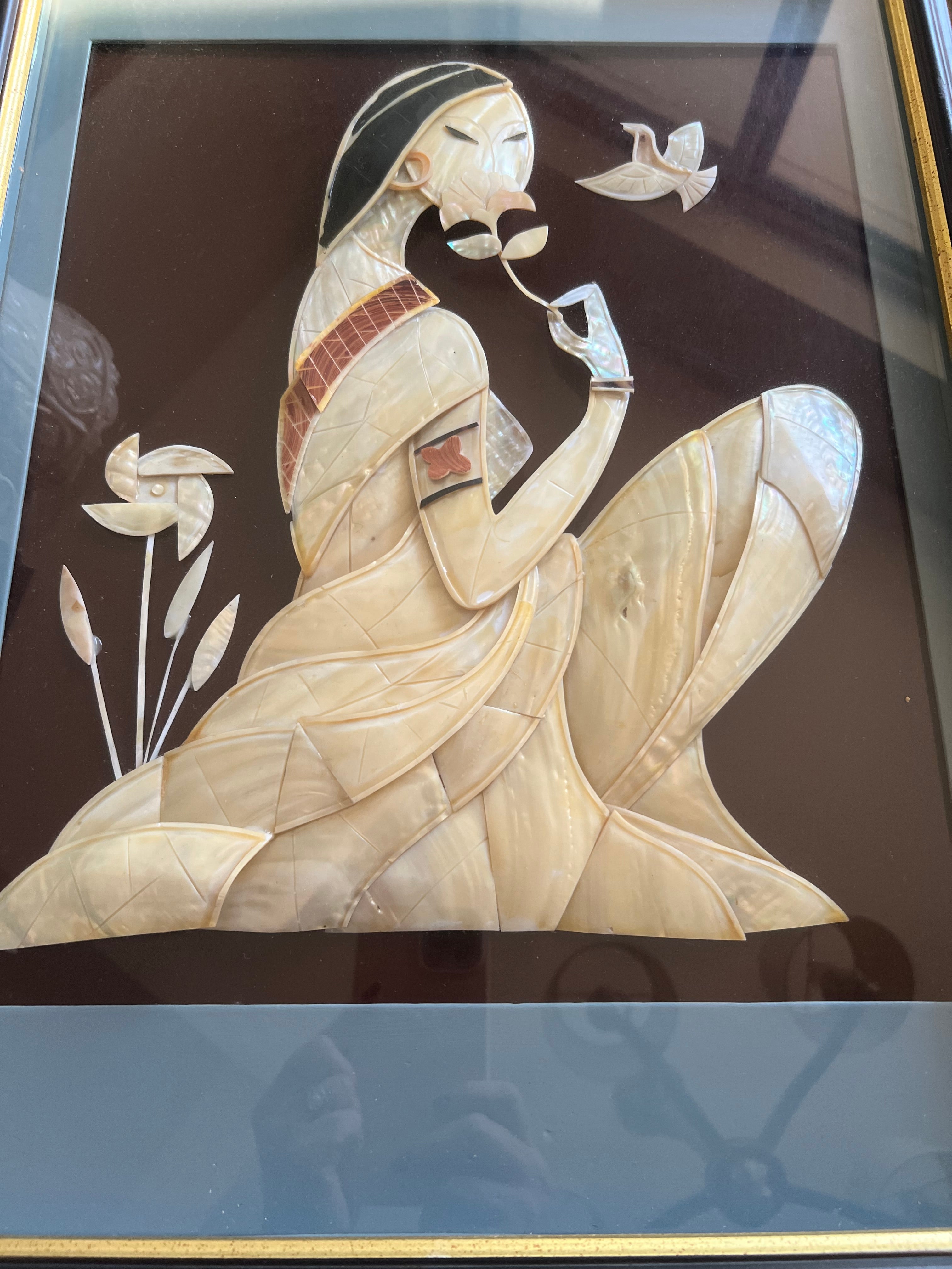VINTAGE MOTHER OF PEARL WOMAN WITH BIRD – FRAMED SHELL INLAY ART PANEL – 22X16 INCHES