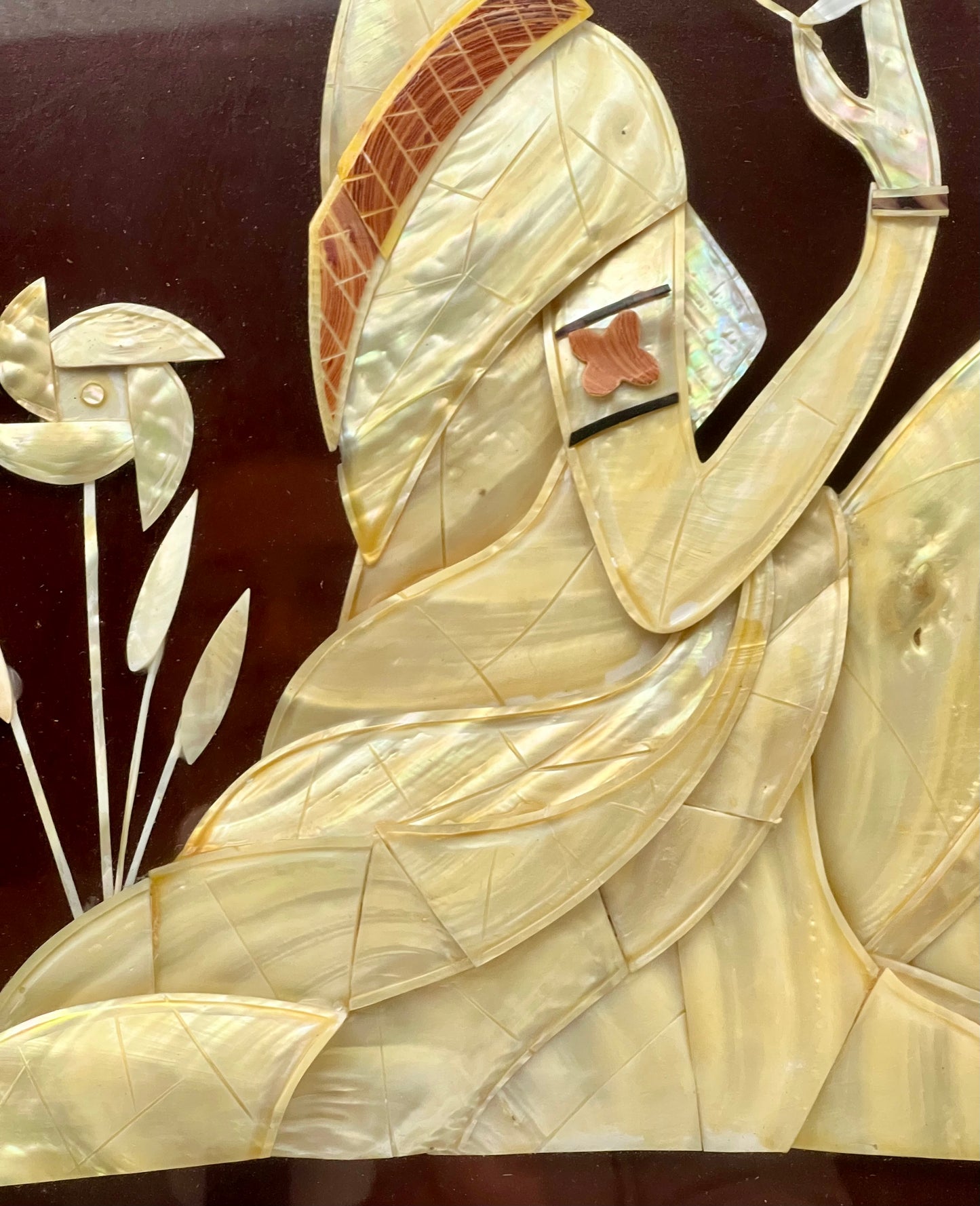 VINTAGE JAPANESE MOTHER OF PEARL SHADOW BOX GIRL WITH BIRD