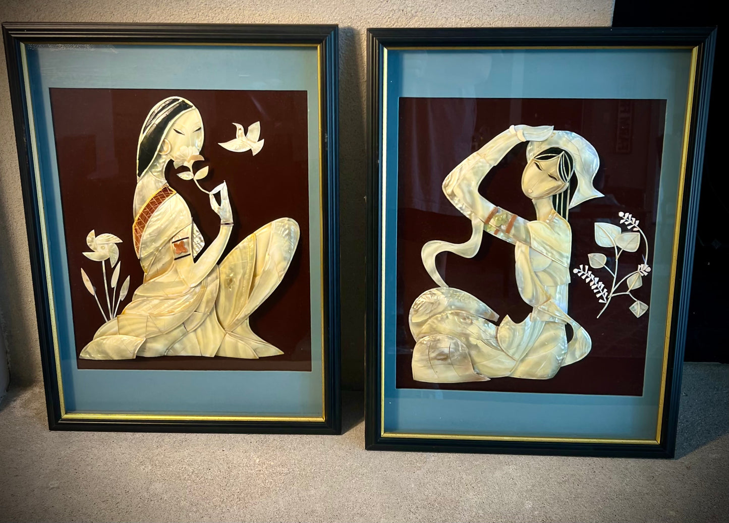 VINTAGE JAPANESE MOTHER OF PEARL SHADOW BOX GIRL WITH BRANCH