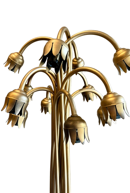 Vintage 1970s Hollywood Regency Brass Tulip Floor Lamp with Lotus Base – Mid Century Modern Waterfall 12-Light Statement Lighting