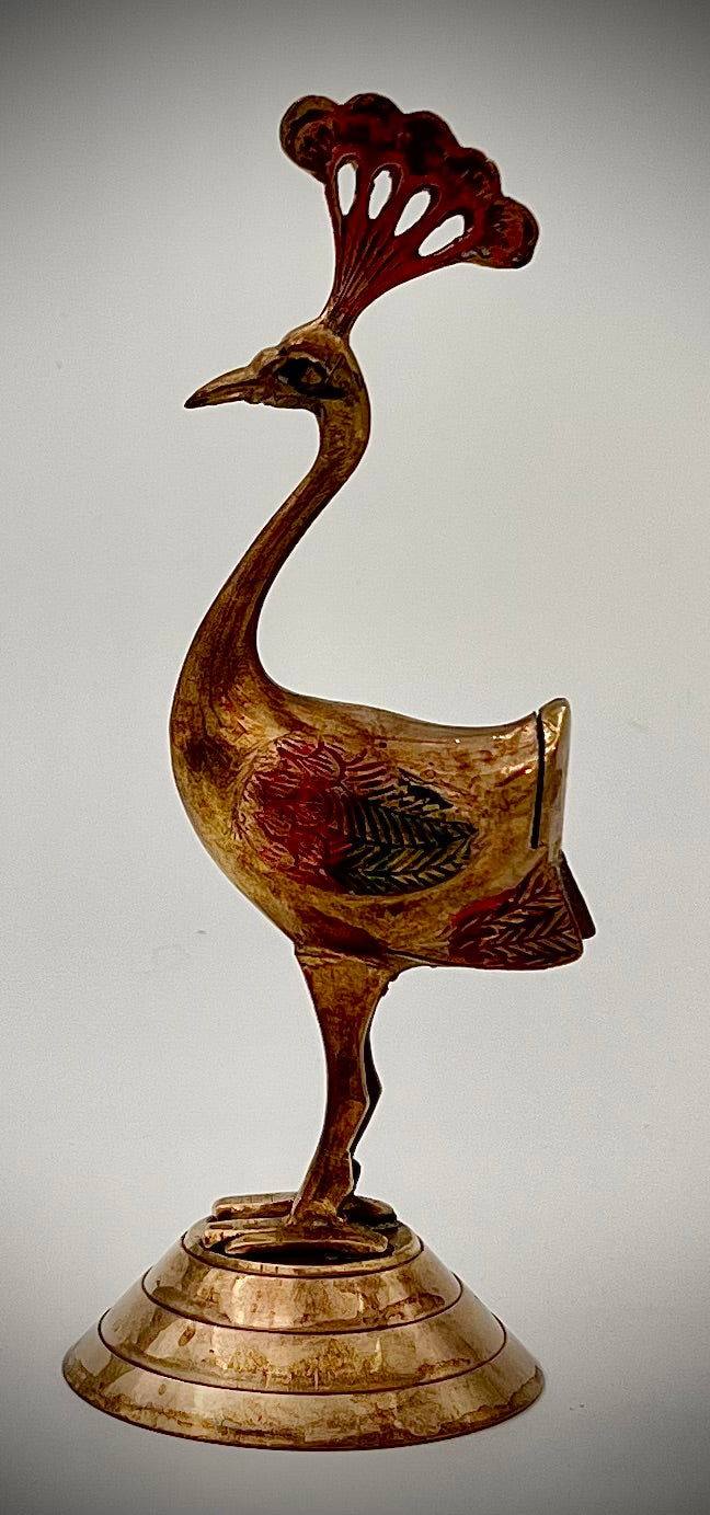 VINTAGE HAND-PAINTED BRASS PEACOCK SCULPTURE – MID CENTURY DECORATIVE FIGURAL BIRD