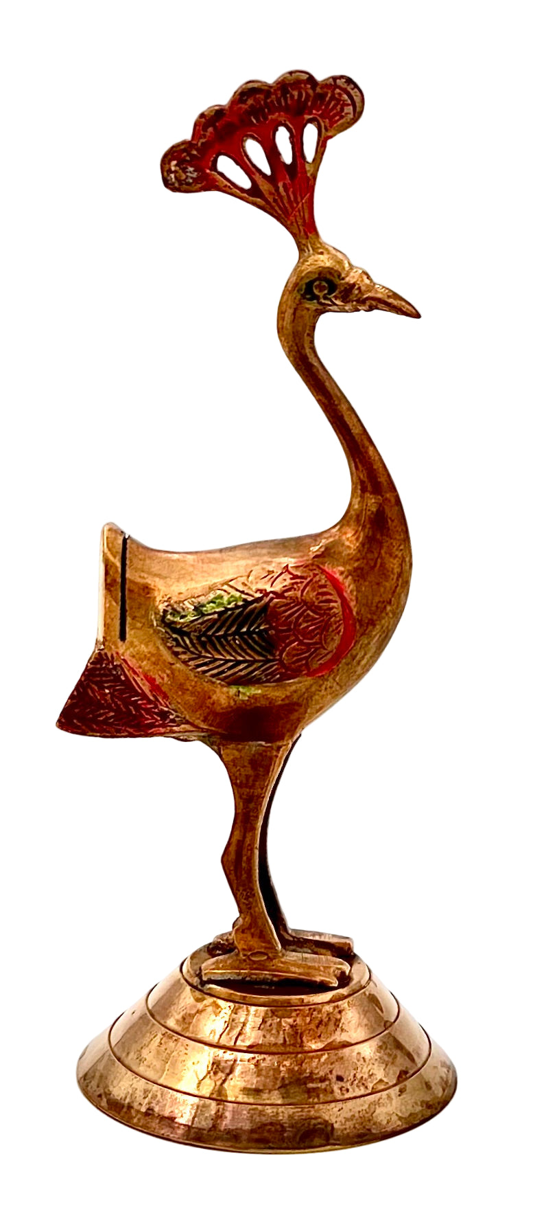 VINTAGE HAND-PAINTED BRASS PEACOCK SCULPTURE – MID CENTURY DECORATIVE FIGURAL BIRD