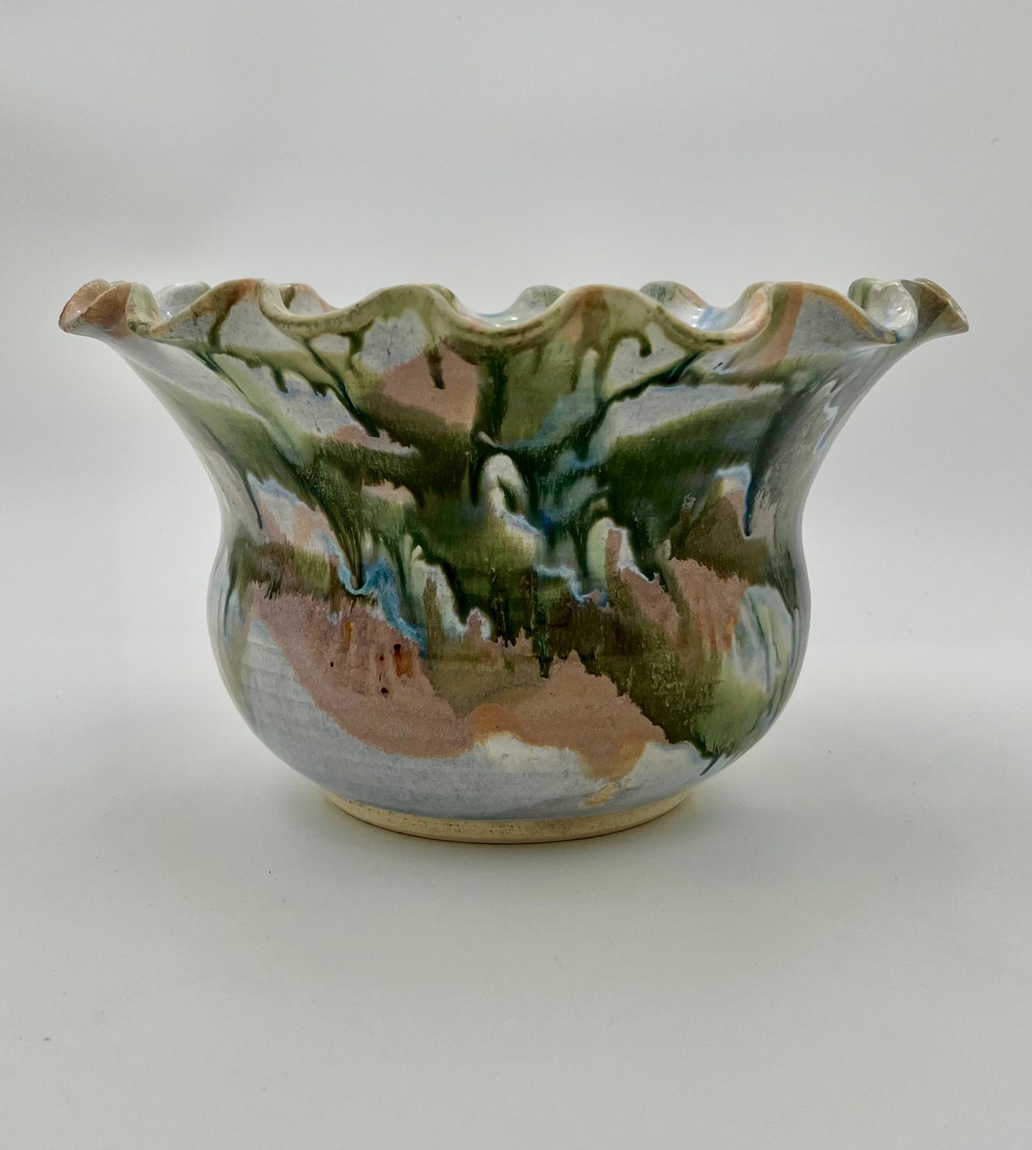 1989 ARTIST SIGNED GLAZED POTTERY ABSTRACT SCALLOPED BOWL