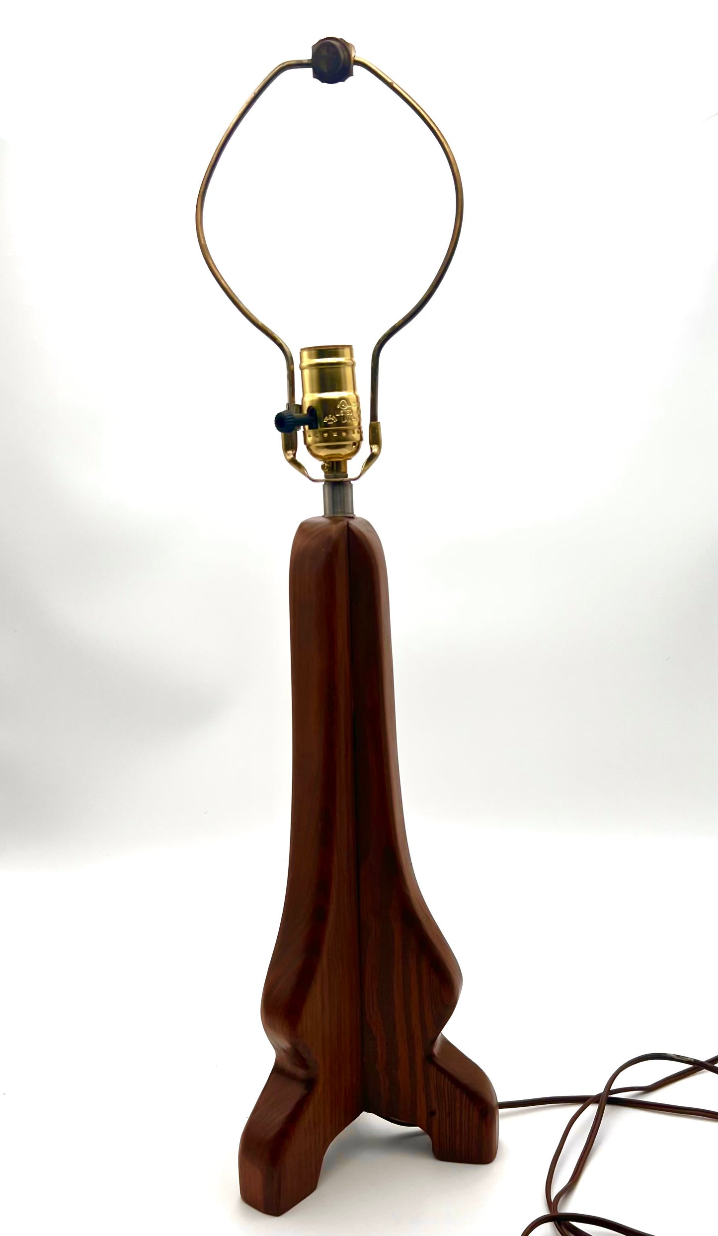 RARE MIDCENTURY CARVED TRIANGULAR WOOD TABLE LAMP