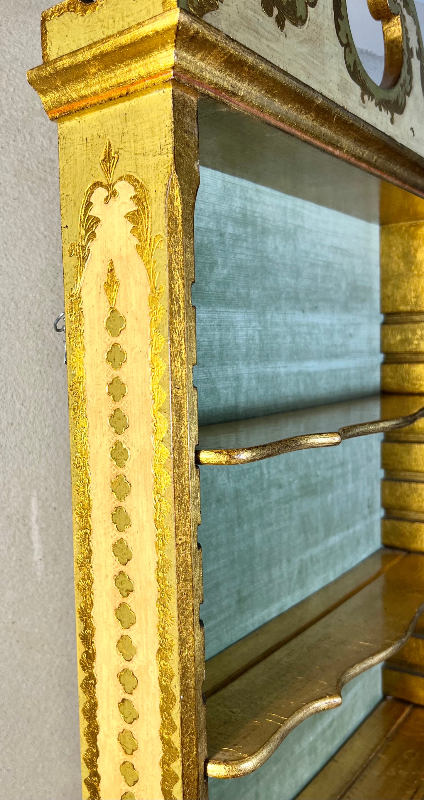 VINTAGE GOLD, GREEN, AND IVORY FLORENTINE WOOD HANGING SHELF