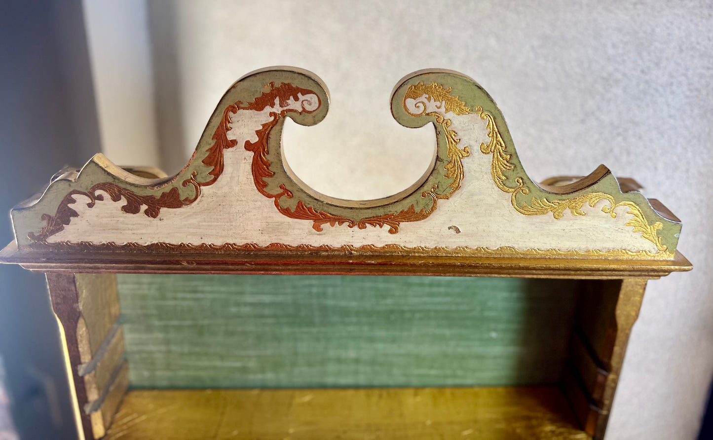 VINTAGE GOLD, GREEN, AND IVORY FLORENTINE WOOD HANGING SHELF