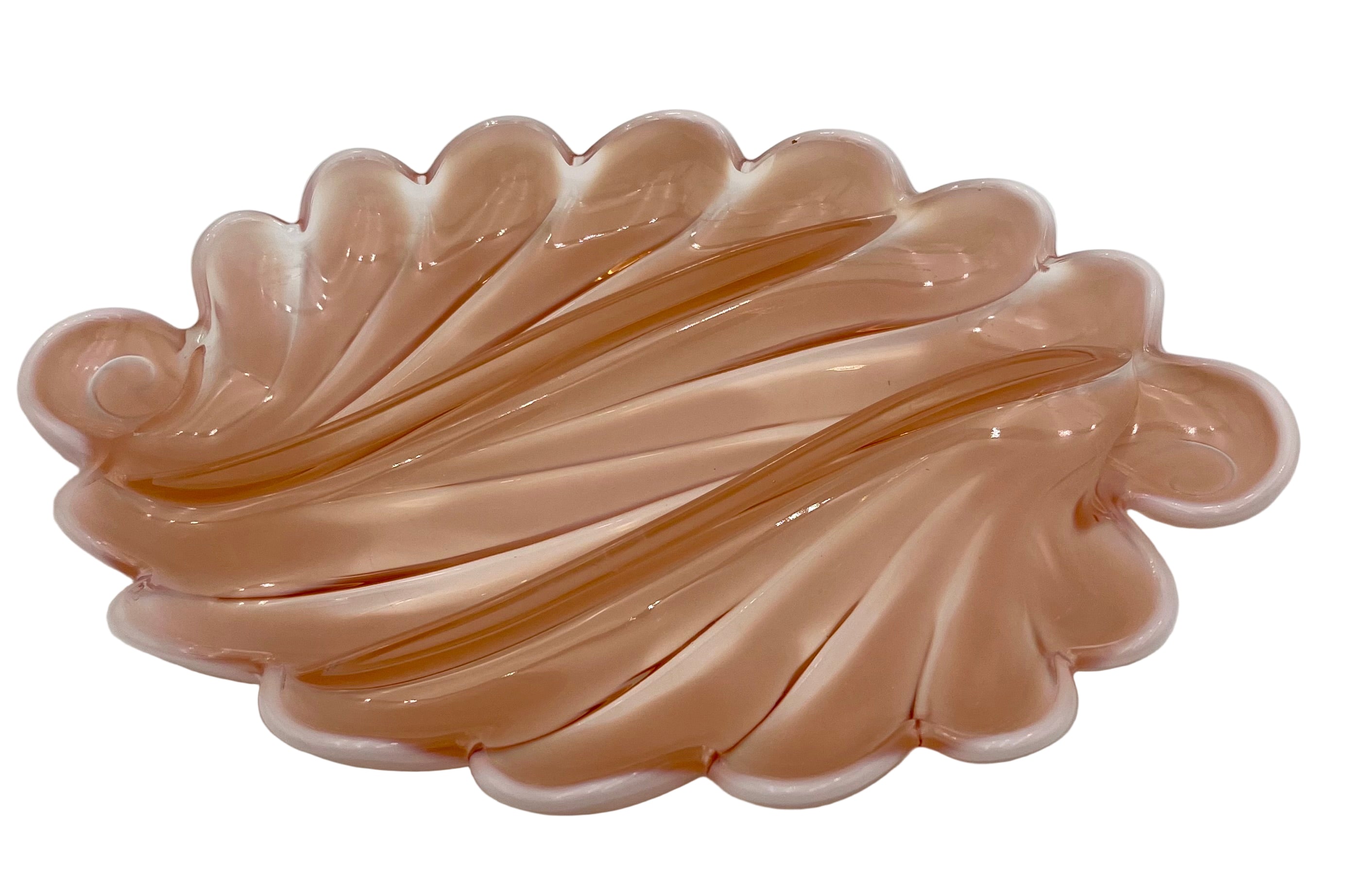 VINTAGE BLUSH PEACH OPALINE GLASS SHELL RELISH TRAY – LARGE SCULPTURAL MID CENTURY SERVING DISH – HOLLYWOOD REGENCY COASTAL DECOR