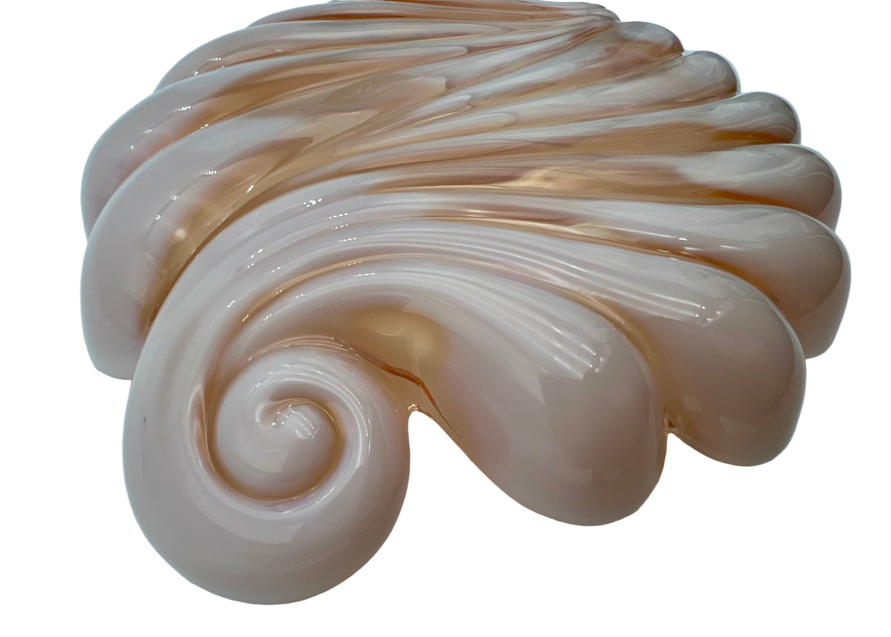 VINTAGE BLUSH PEACH OPALINE GLASS SHELL RELISH TRAY – LARGE SCULPTURAL MID CENTURY SERVING DISH – HOLLYWOOD REGENCY COASTAL DECOR