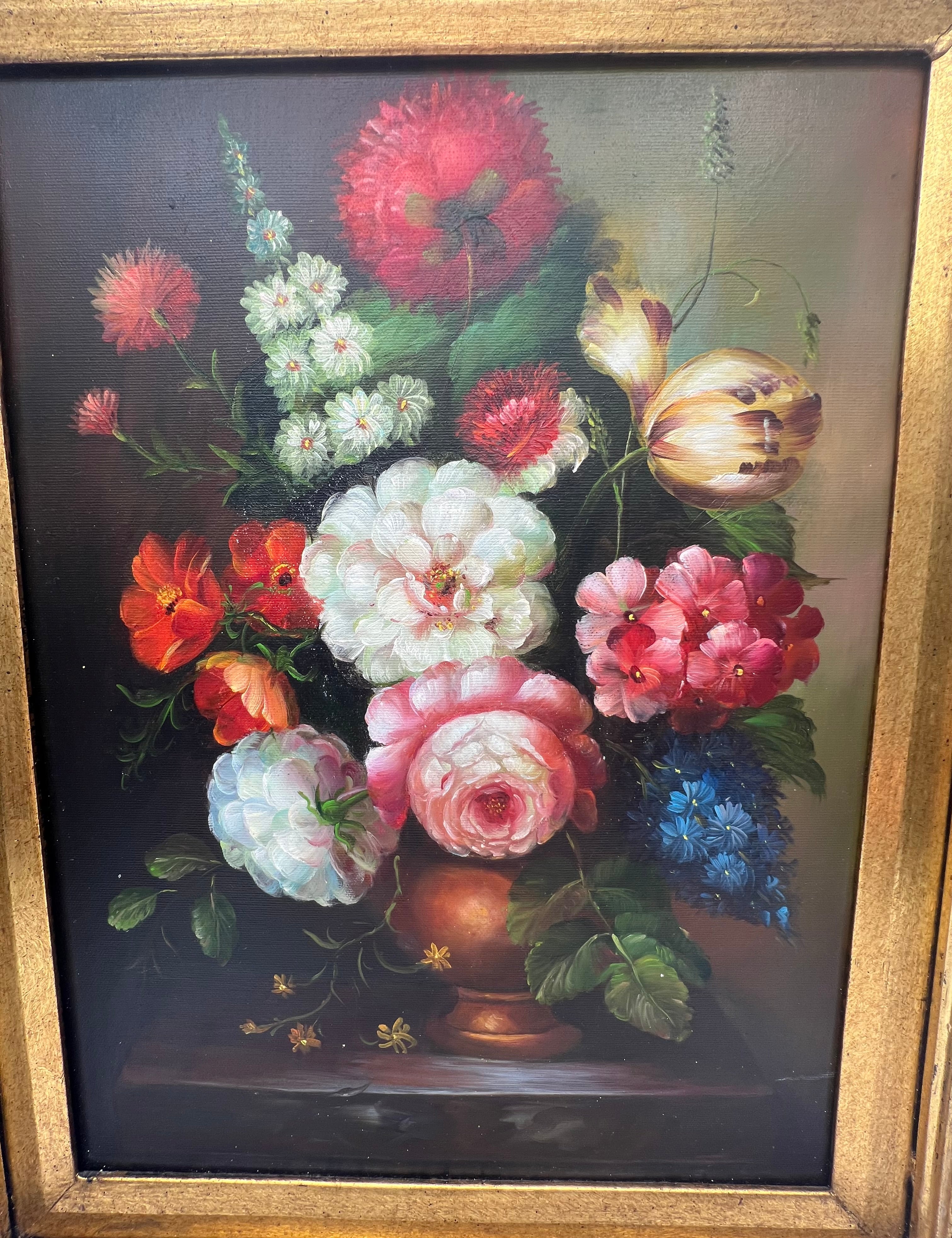 ANTIQUE STYLE FLORAL STILL LIFE OIL PAINTING WITH ORNATE FRAME