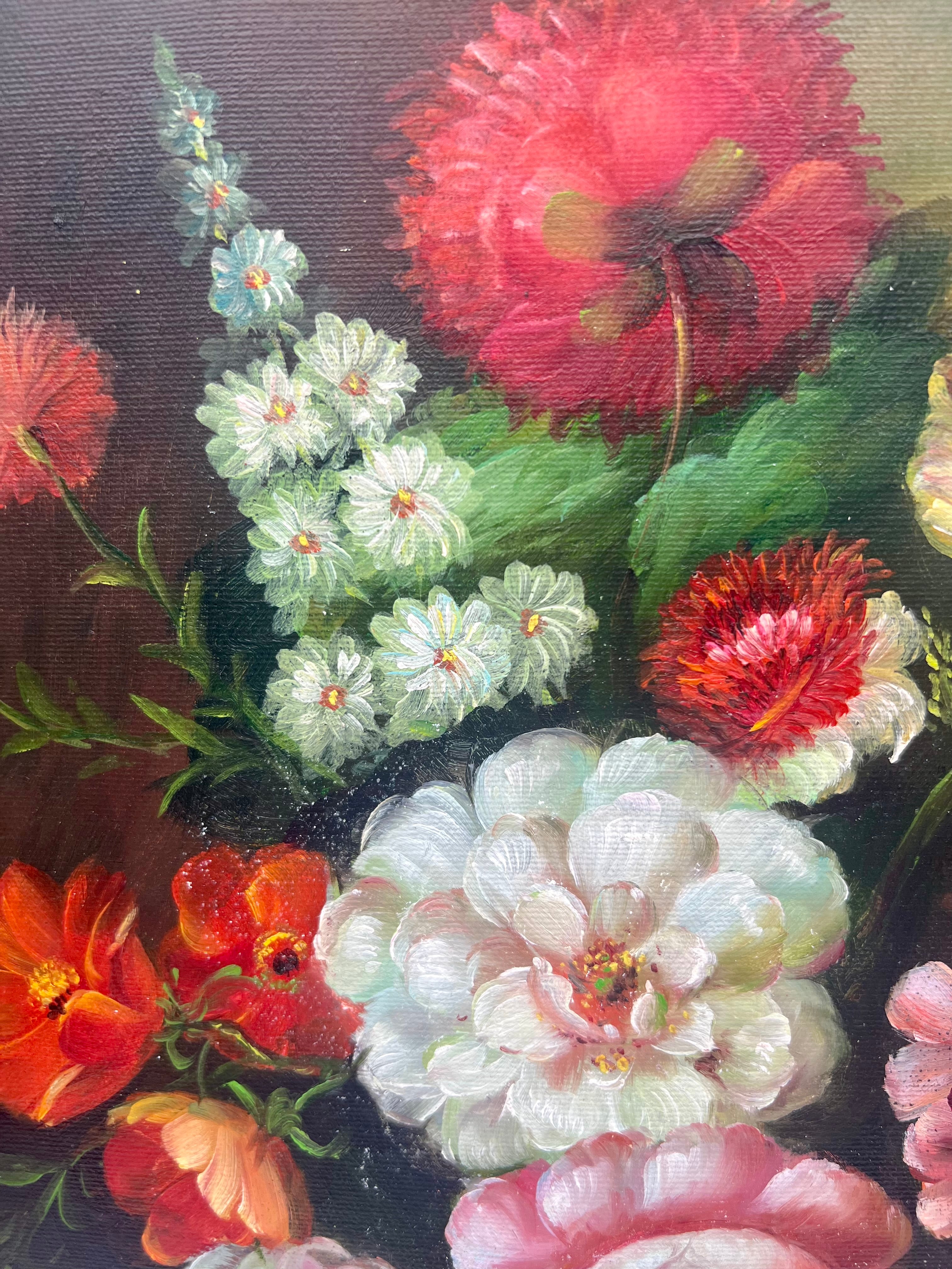 ANTIQUE STYLE FLORAL STILL LIFE OIL PAINTING WITH ORNATE FRAME