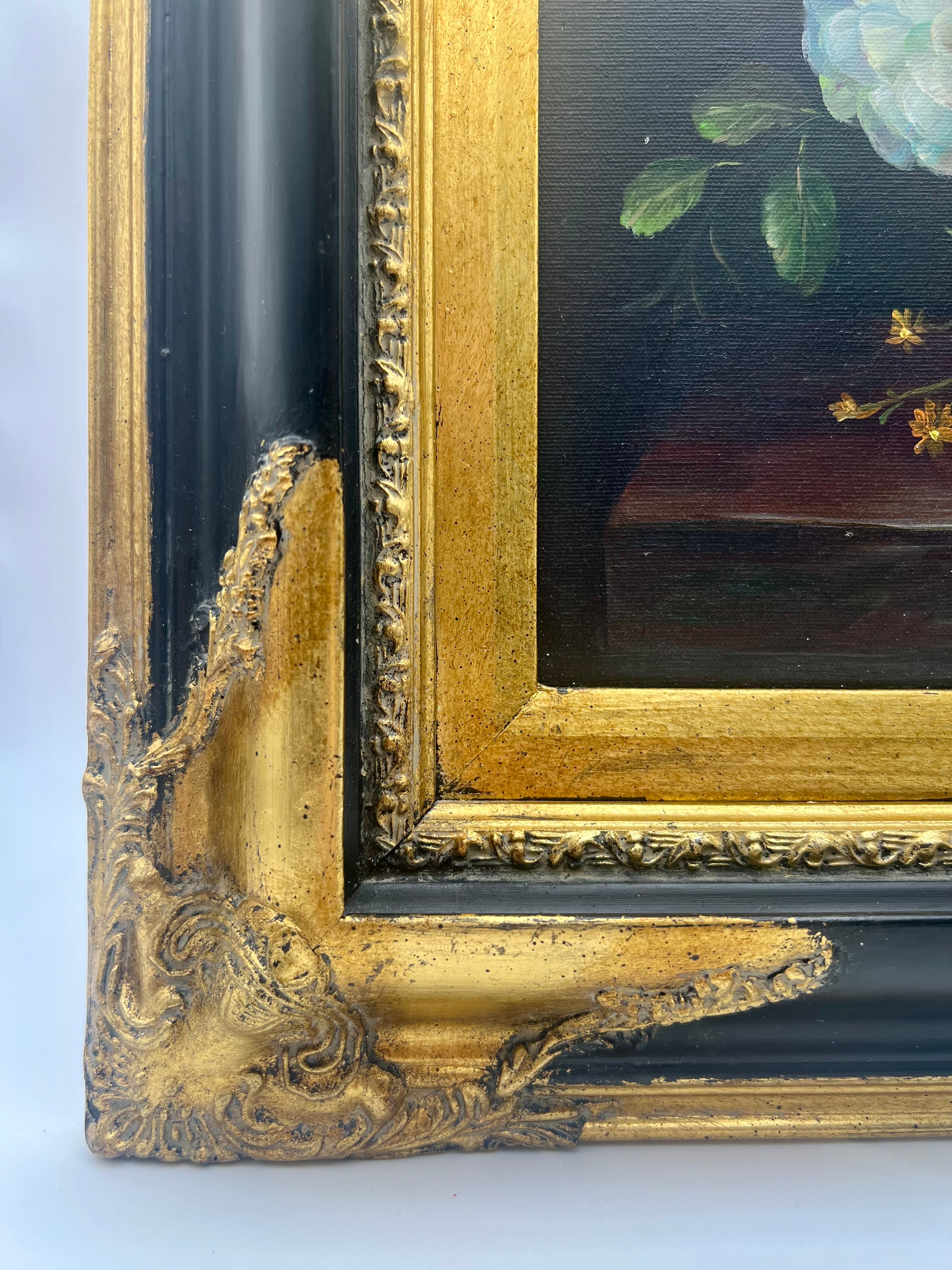ANTIQUE STYLE FLORAL STILL LIFE OIL PAINTING WITH ORNATE FRAME