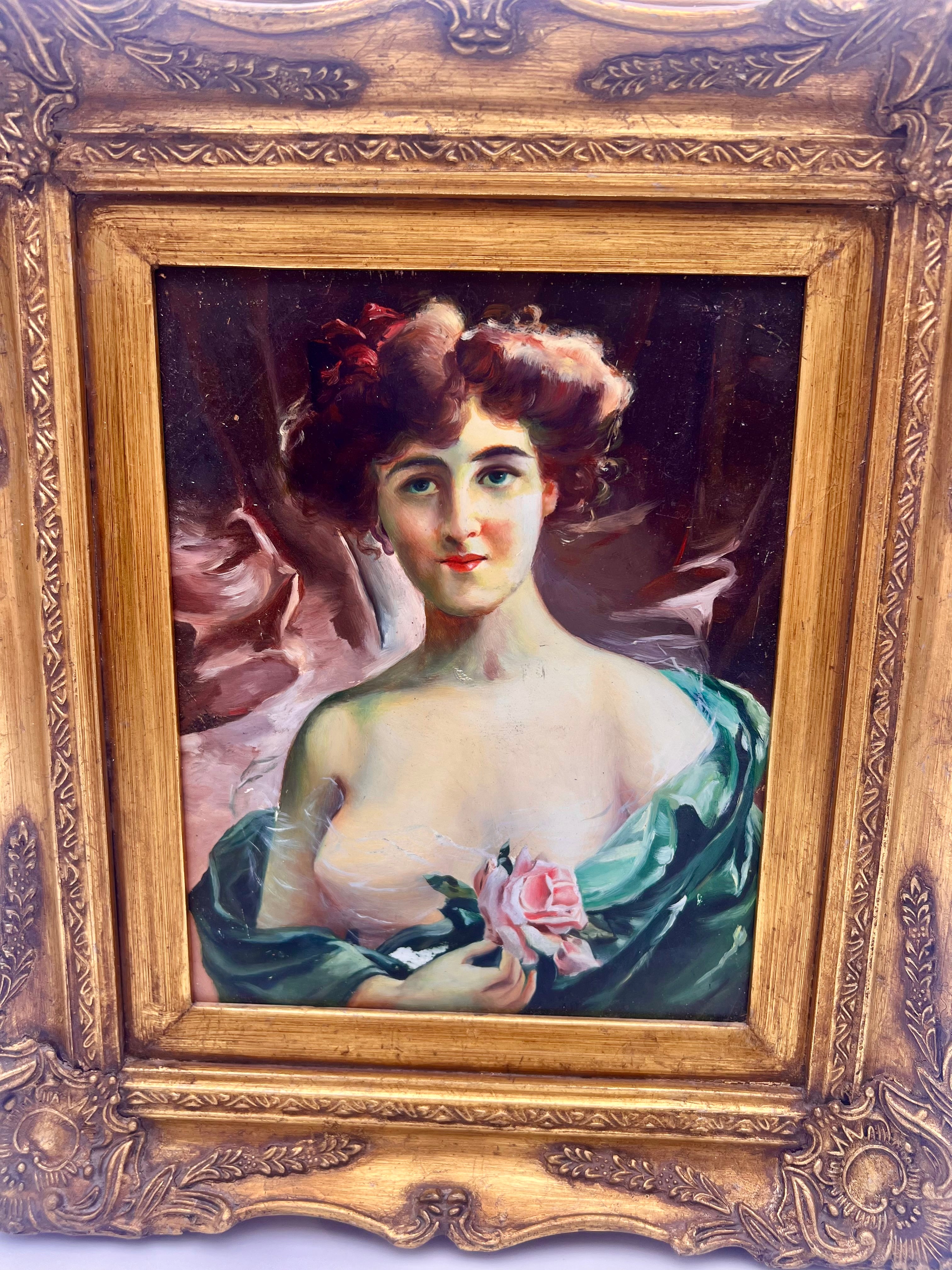 ANTIQUE STYLE PORTRAIT PAINTING OF LADY WITH ROSE IN ORNATE GILT FRAME