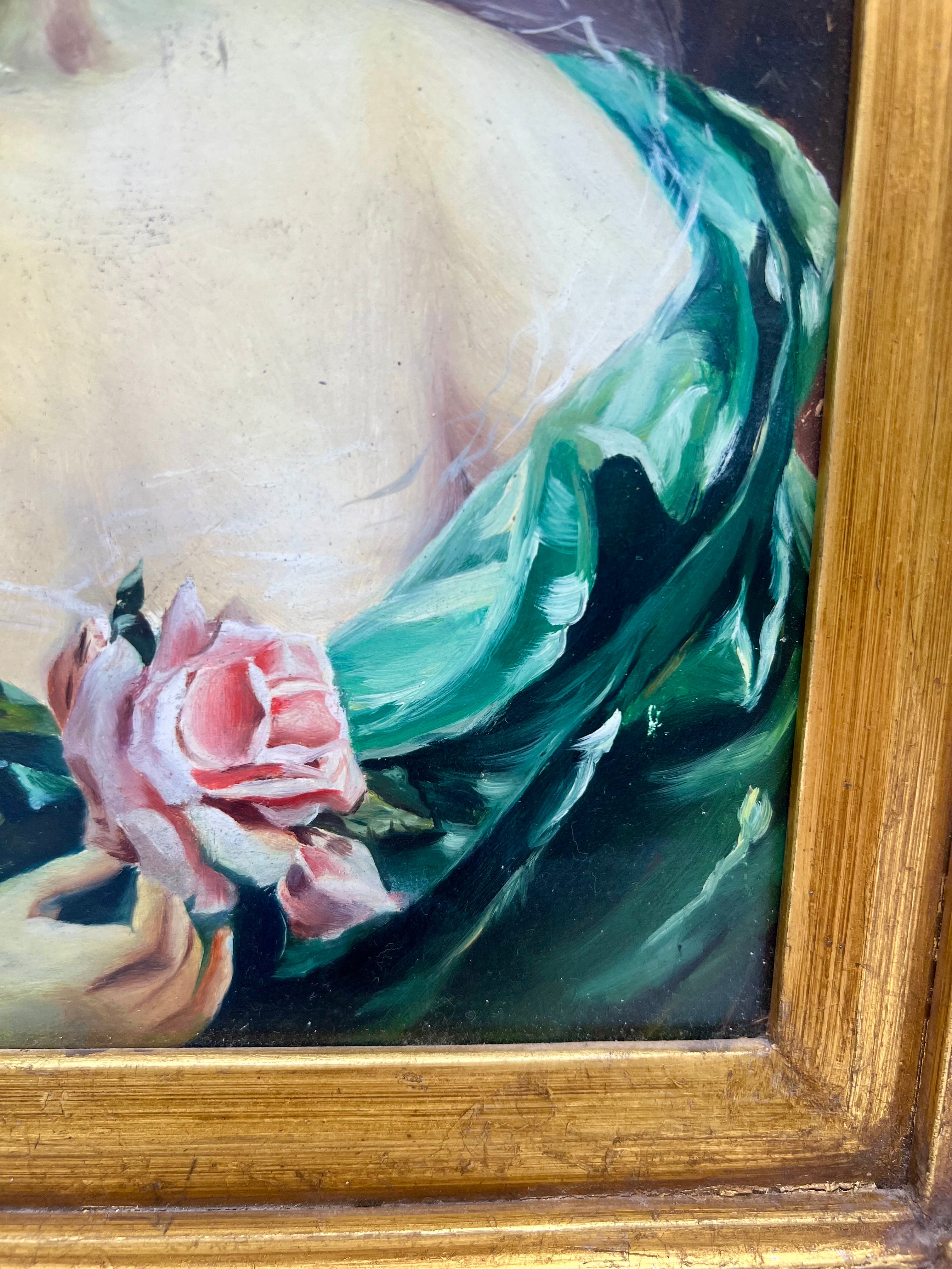 ANTIQUE STYLE PORTRAIT PAINTING OF LADY WITH ROSE IN ORNATE GILT FRAME