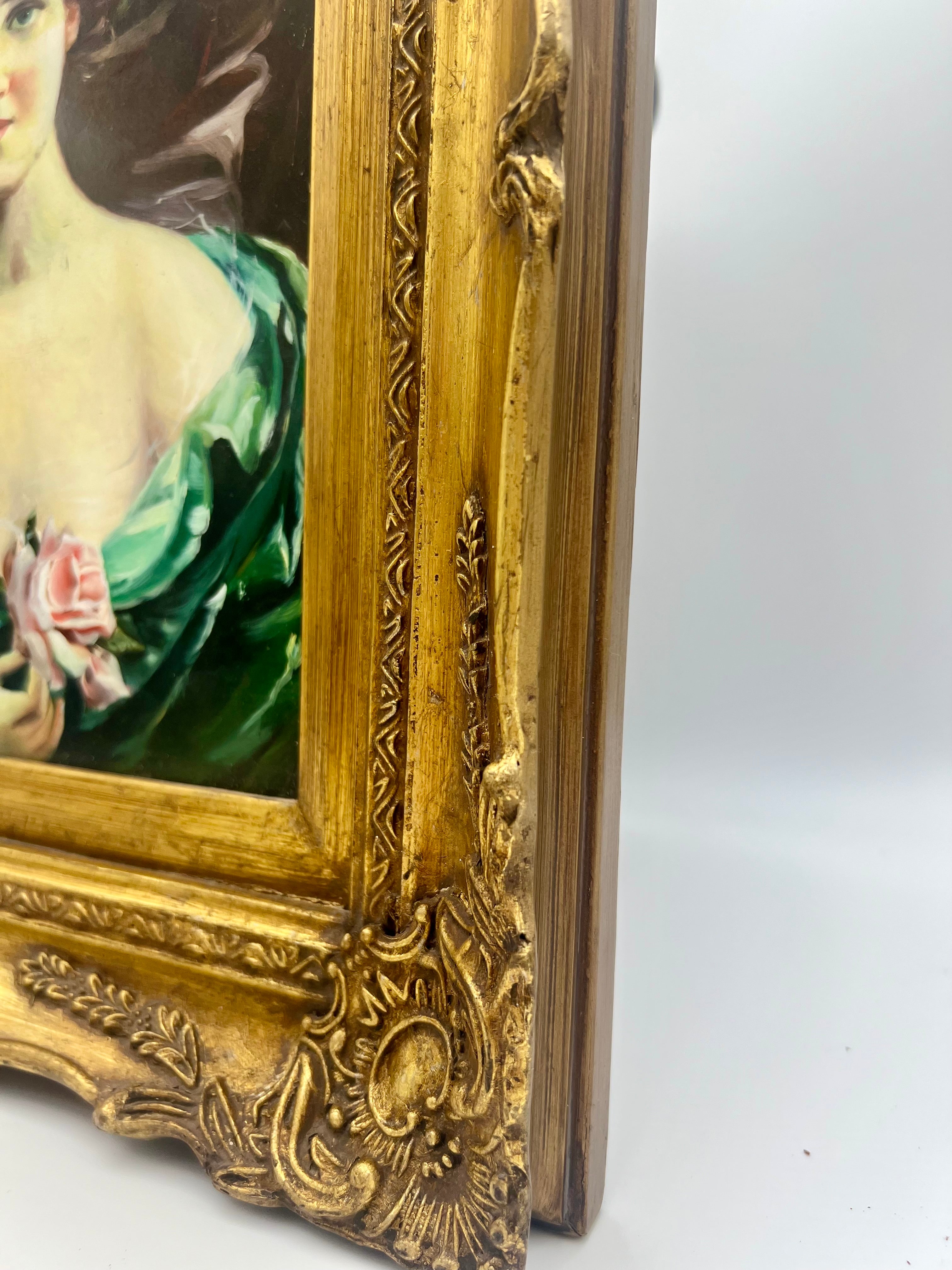 ANTIQUE STYLE PORTRAIT PAINTING OF LADY WITH ROSE IN ORNATE GILT FRAME