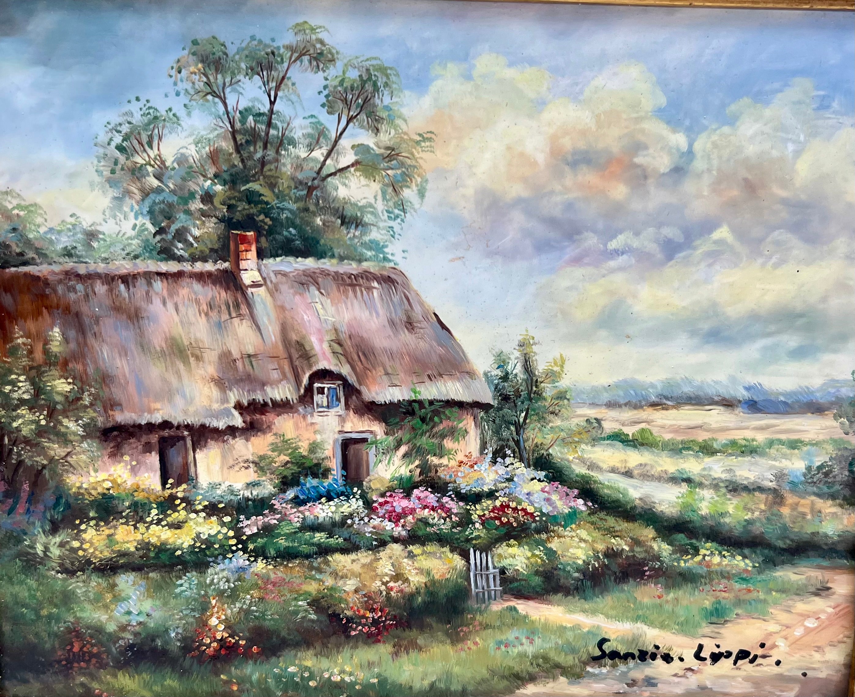VINTAGE OIL PAINTING COTTAGE GARDEN LANDSCAPE BY SANZI LIPPI IN ORNATE GILT FRAME